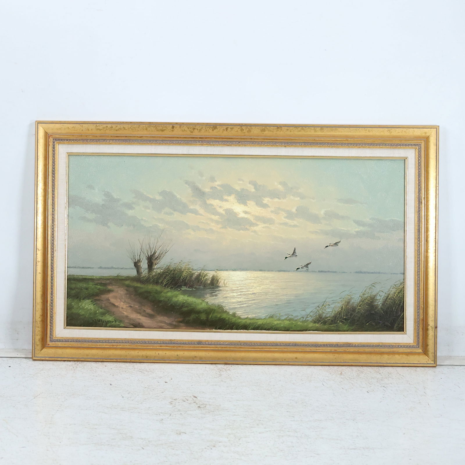 Artist Signed Vintage Oil on Canvas Painting Ducks Flying Over Coastal Marshland (1 of 11)