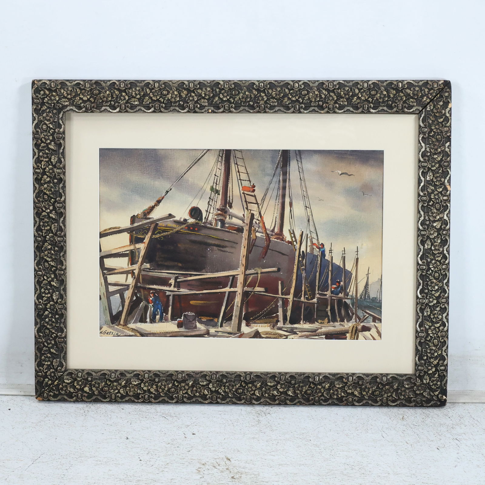 Henry Gasser [1909-1981 American], Exceptional Watercolor Painting Boat on Dry Dock (1 of 14)