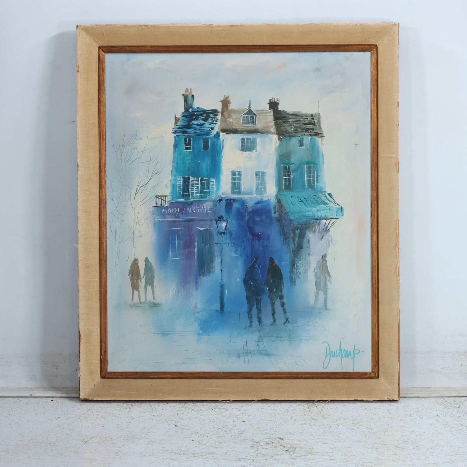 Signed Duchamp, 20th C. Oil on Canvas Painting , Surrealist Houses atop Building, Figures: Signed Duchamp, 20th C. Oil on Canvas Painting , Surrealist Houses atop Building, Figures. size: 24 x 20, 27.5 x 23.5 outside frame