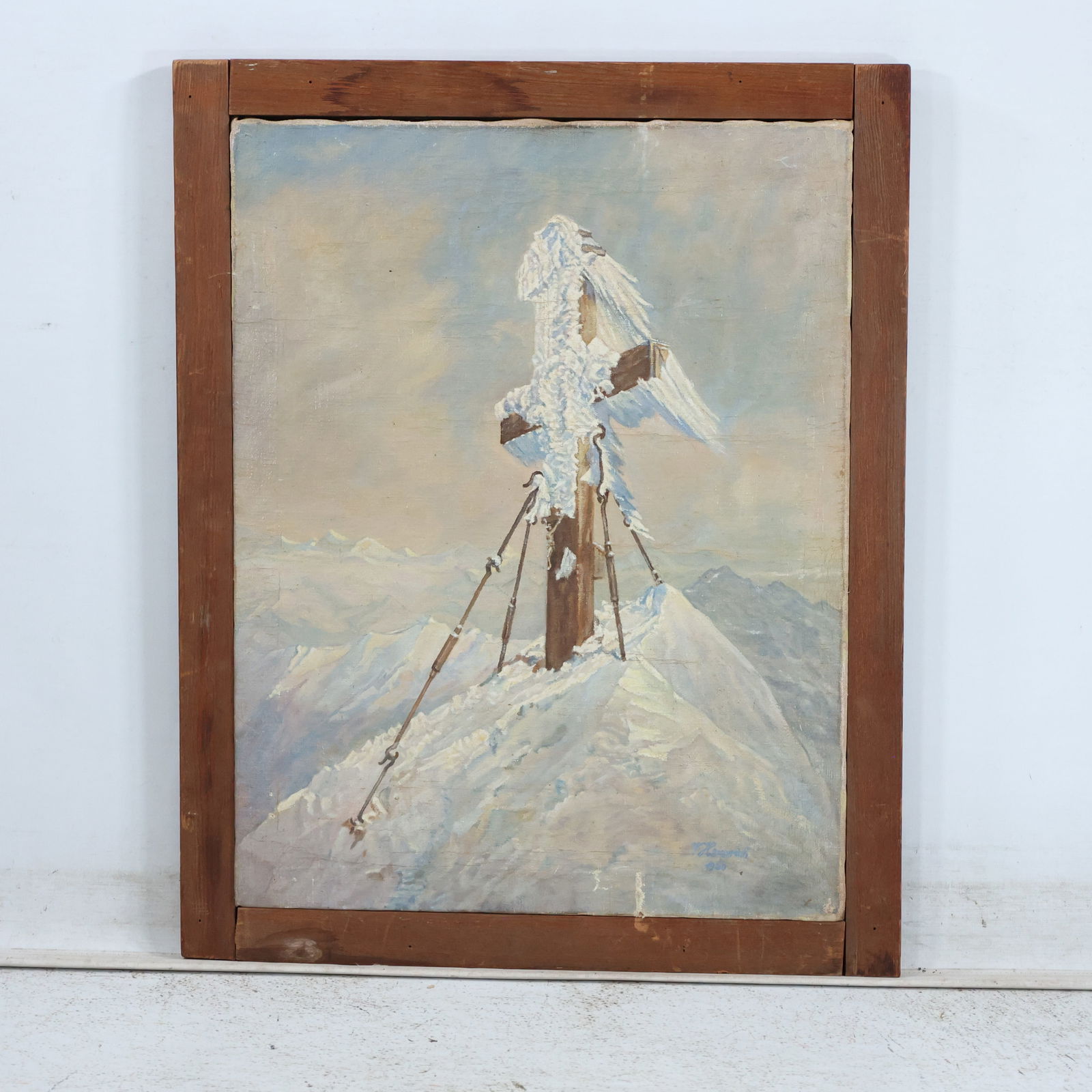 Signed Heinrich 1950, Oil on Canvas Wooden Cross in Winter Snow, Information on Verso (1 of 14)