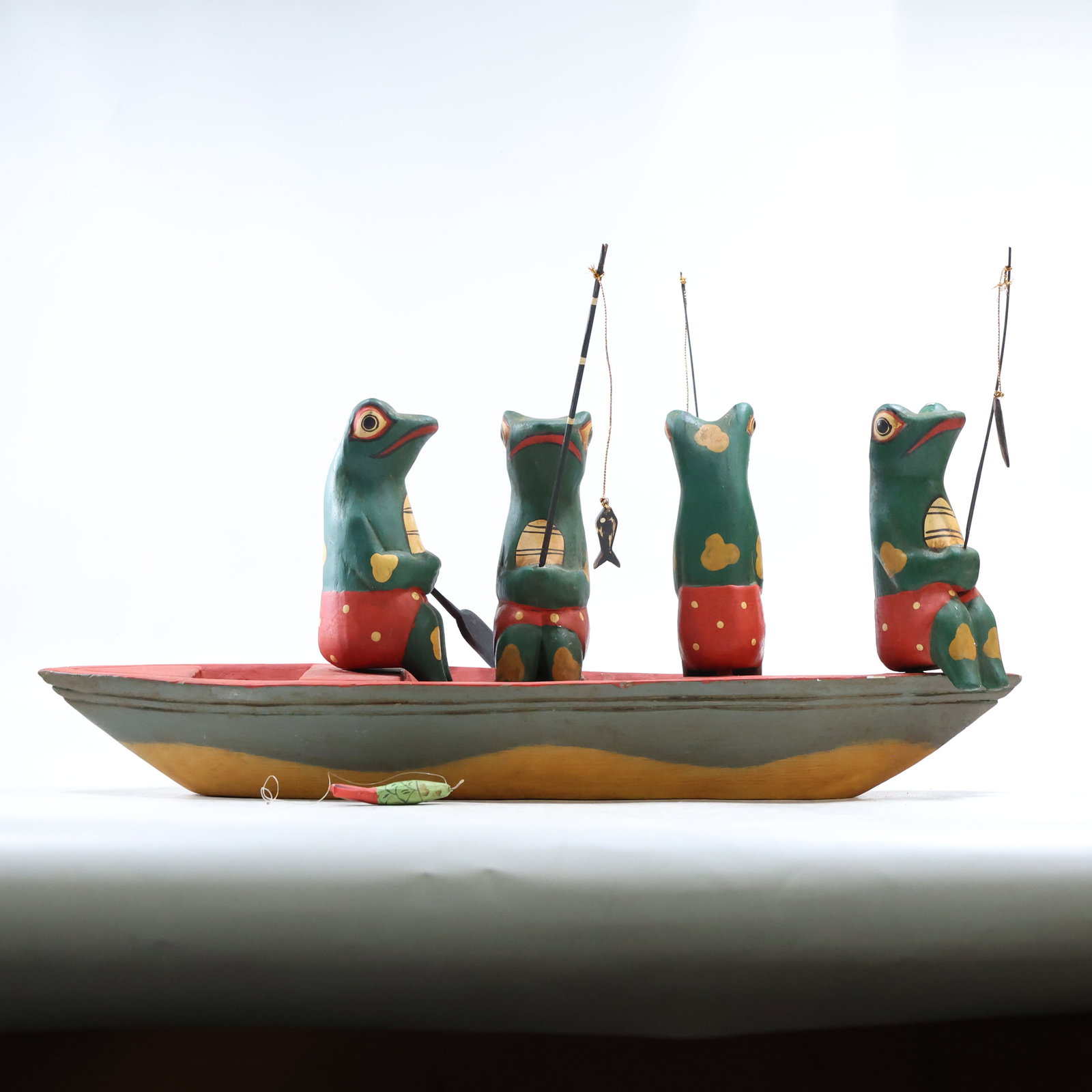 Hand Carved and Painted Wooden Whimsical Frogs in a Boat Fishing 19 inches length (1 of 10)