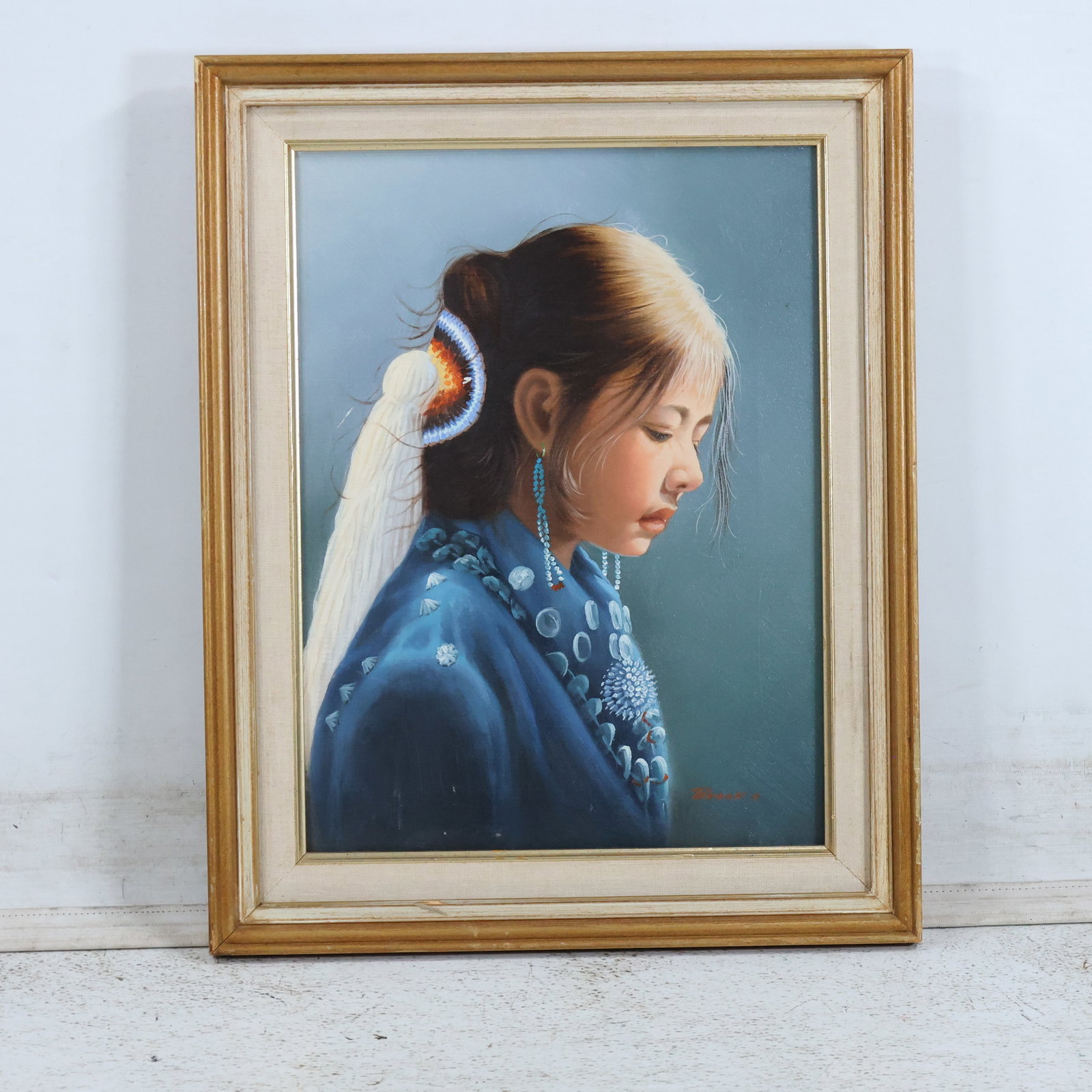 Signed Brooks, Oil on Canvas Painting Native American Young Woman Portrait, Framed (1 of 13)