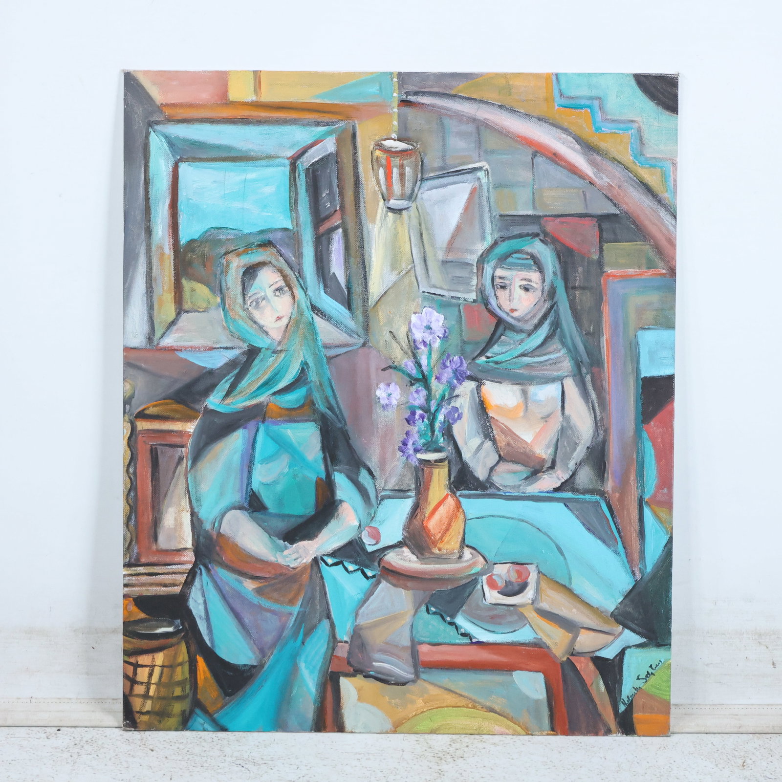 Helen Salzberg, American (b. 1923) Oil on Canvas Board Painting Two Woman in Interior Scene (1 of 13)