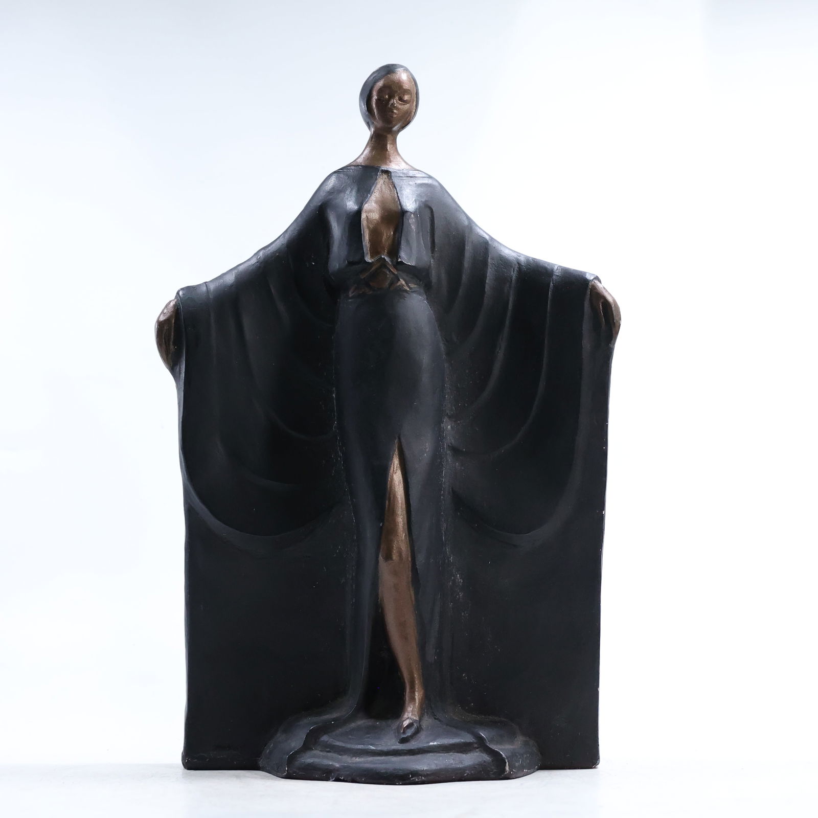Art Deco Woman Statue 14 in. height, Bronzed Patina, Hard Plaster Composition: Art Deco Woman Statue 14 in. height, Bronzed Patina, Hard Plaster Composition. size: 14 x 9 x 4 shelf C