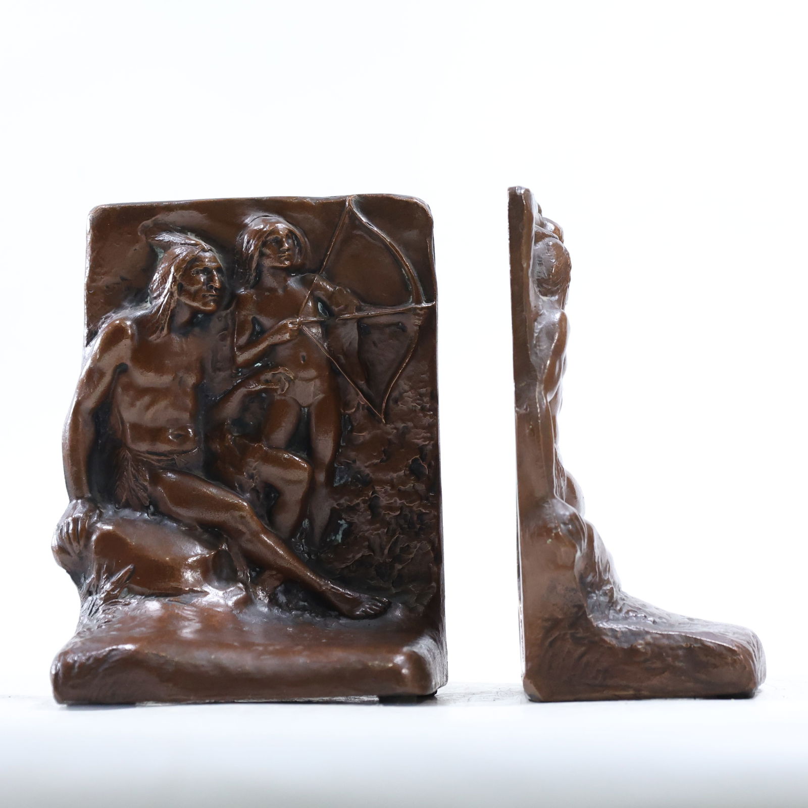 Native American Indian Father & Son Bronze Bookends by Weidlich Brothers, Good Patina (1 of 9)