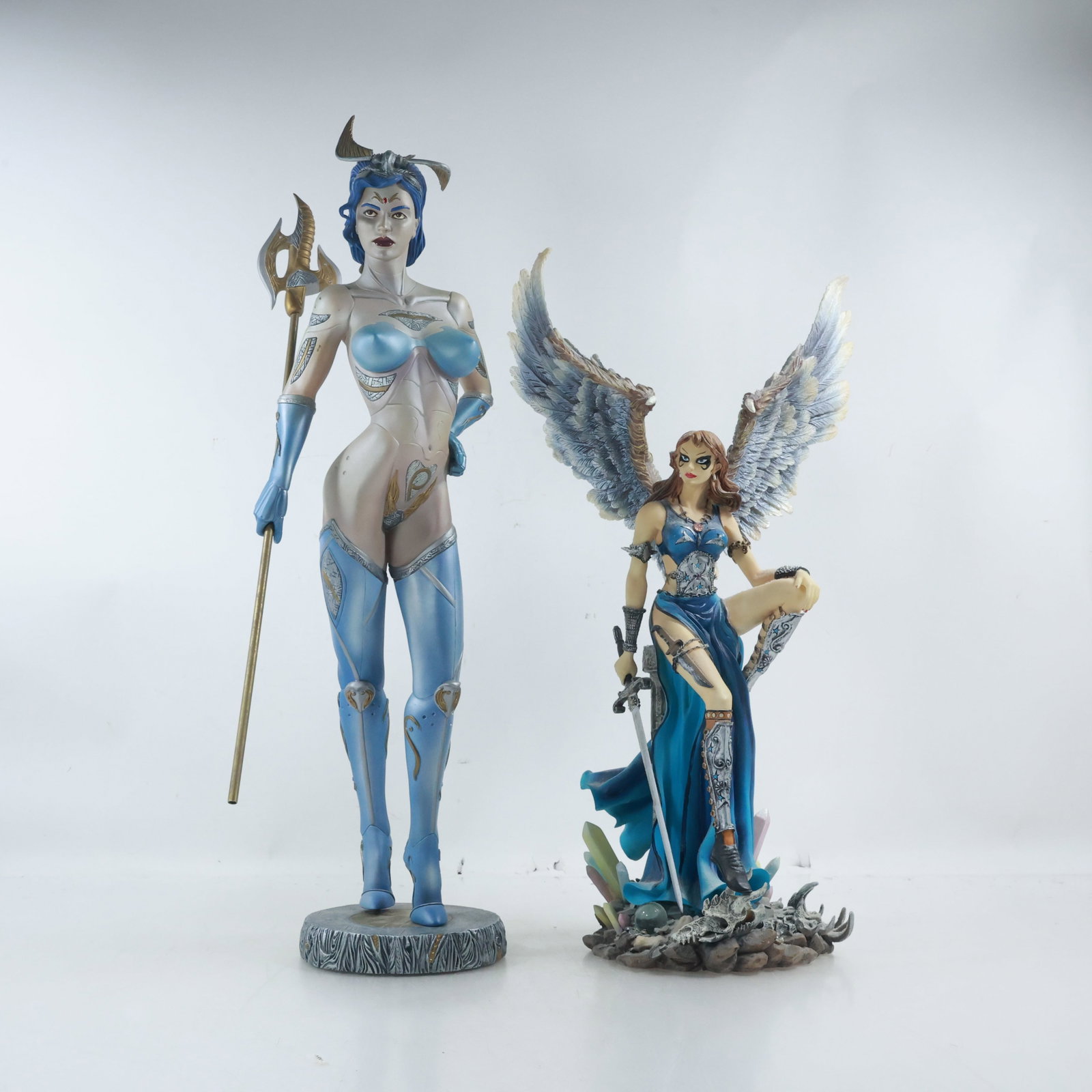 2 Fantasy Woman Figures: Goddess in Alloy and Winged Maiden in Hard Resin Composition: 2 Fantasy Woman Figures: Goddess in Alloy and Winged Maiden in Hard Resin Composition. size: 16.5x9.5 (wings), 19.5x6.5 (sword) shelf: A