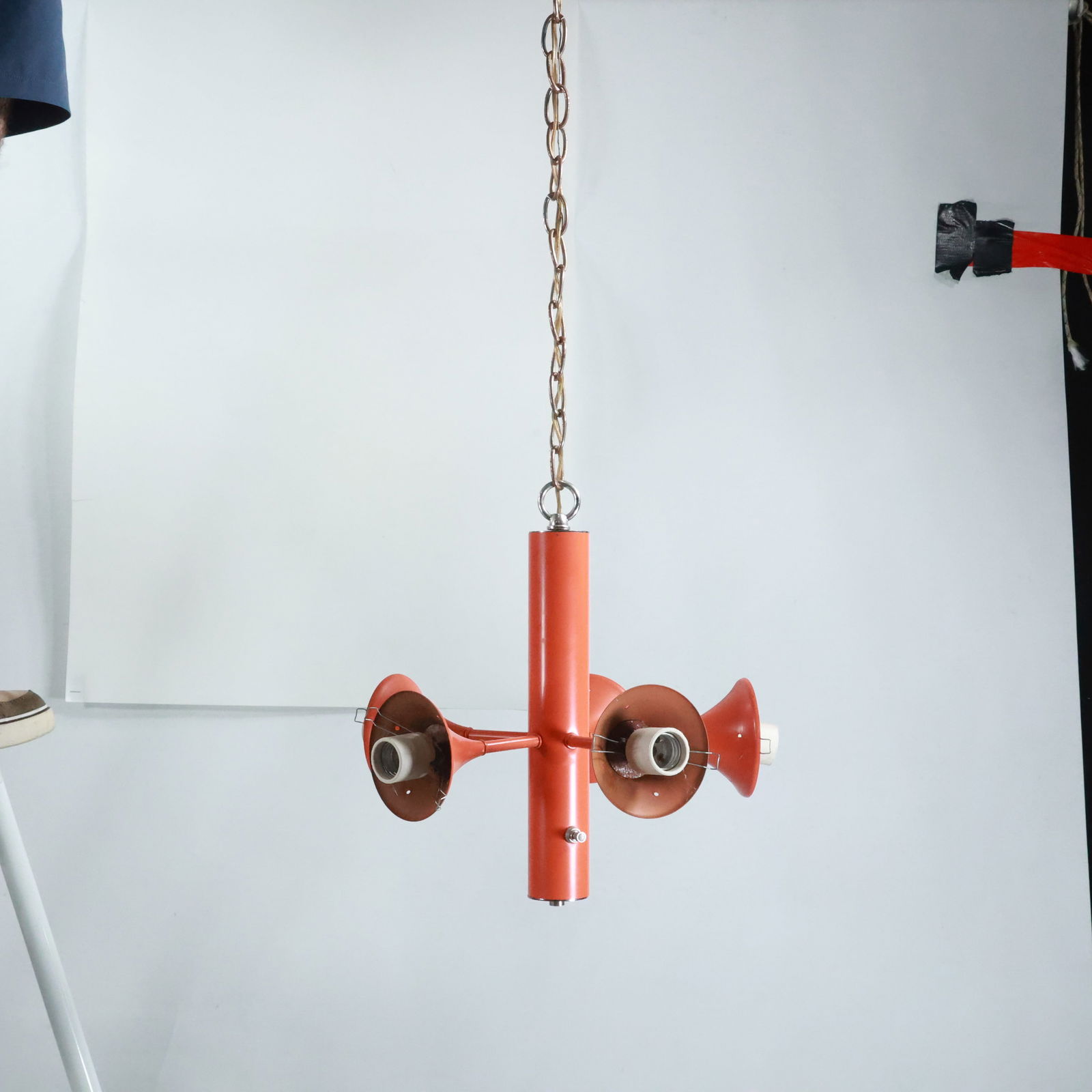 Mid-Century Modern Orange Metal 4-Pendant Handing Fixture Tales 4 Glass Ball Shades not included (1 of 12)