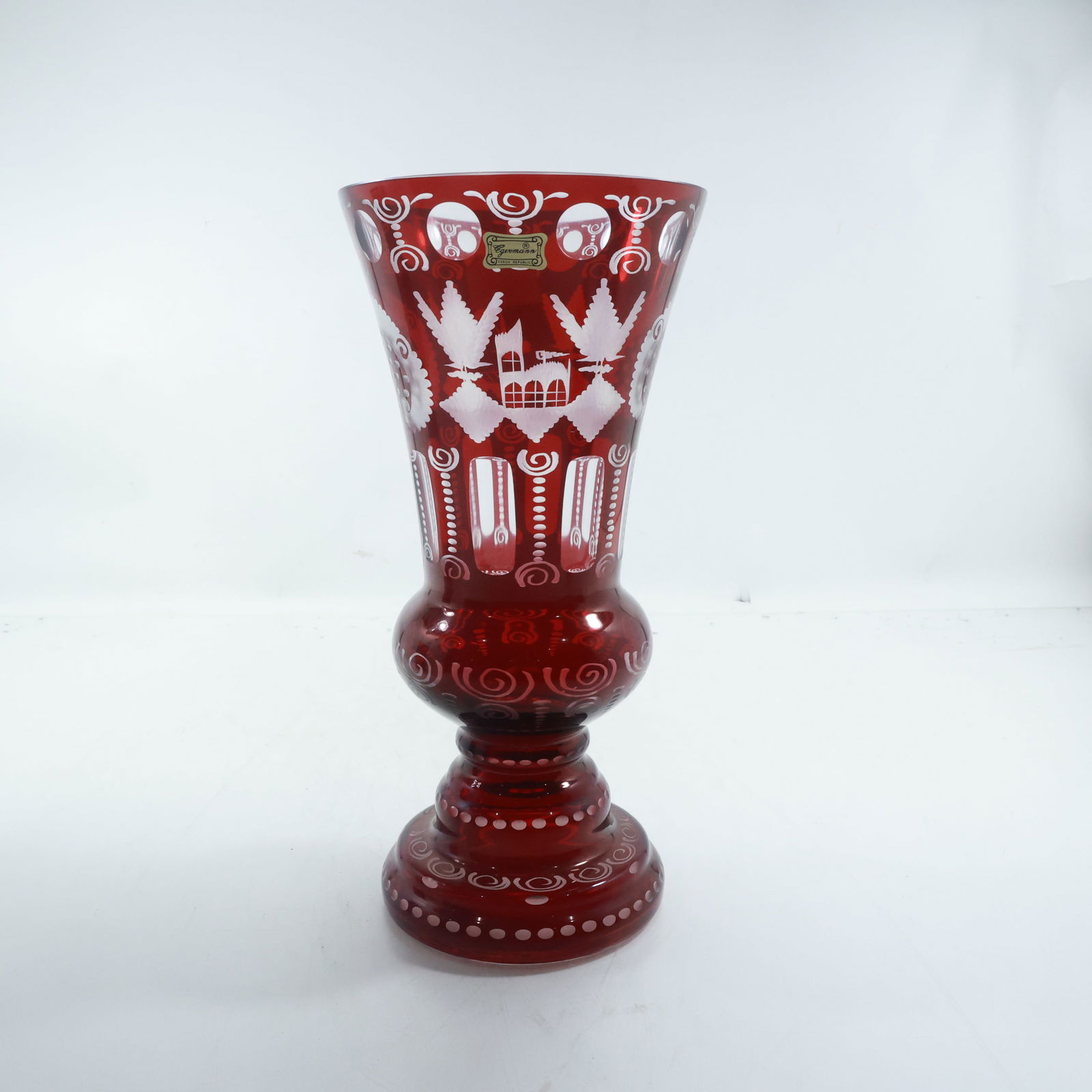 Egerman, Czech Republic, Bohemian Ruby Red Vase Cut to Clear Decoration 12 in. height (1 of 20)