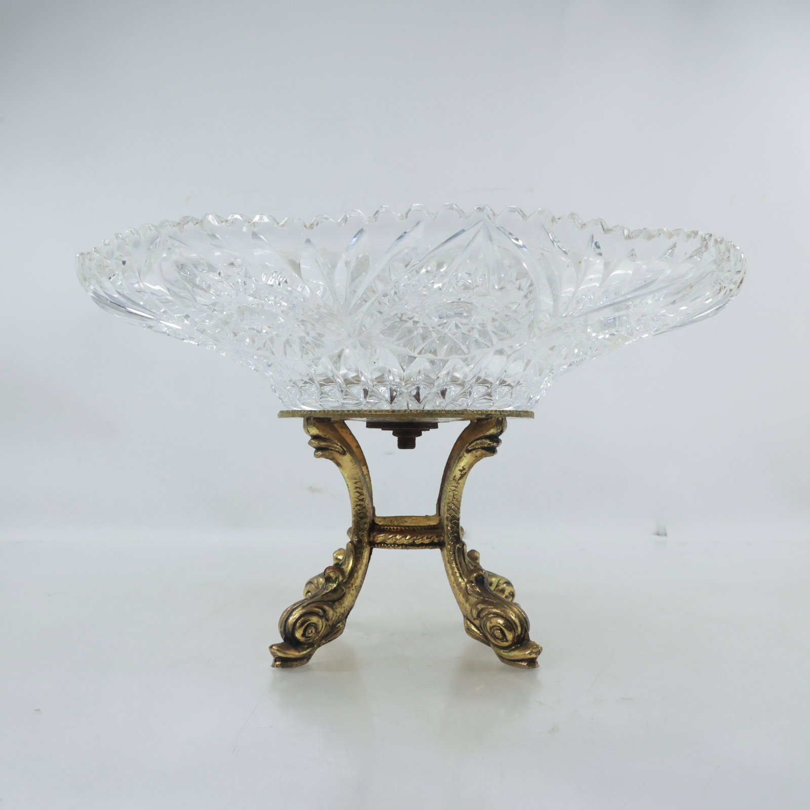 Elegant Crystal Glass Center Bowl with Gold Gilt Metal Pedestal Base with Serpents 13.25 in. dia.: Elegant Crystal Glass Center Bowl with Gold Gilt Metal Pedestal Base with Serpents 13.25 in. dia. size: 7.5x13.25 shelf: C