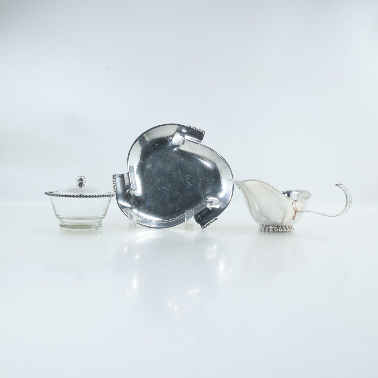 Danish Modern Set Glass Sugar Bowl with Silver Plate Cover, Silver Plate Tray & Creamer (1 of 20)