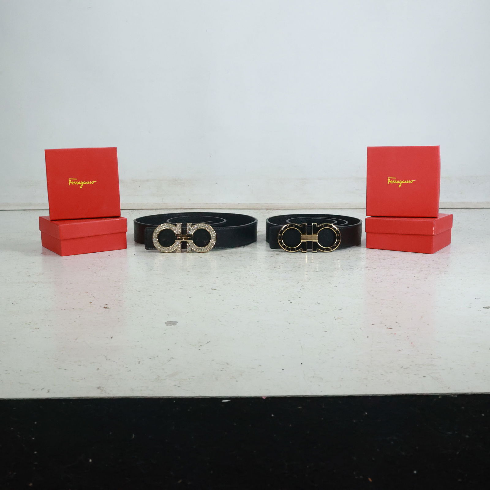 4 Designer Belts in Original Box Packaging, Salvatore Ferragamo: 4 Designer Belts in Original Box Packaging, Salvatore Ferragamo size: 2.5x5.25 (box) 49.5" long (belts) shelf: F