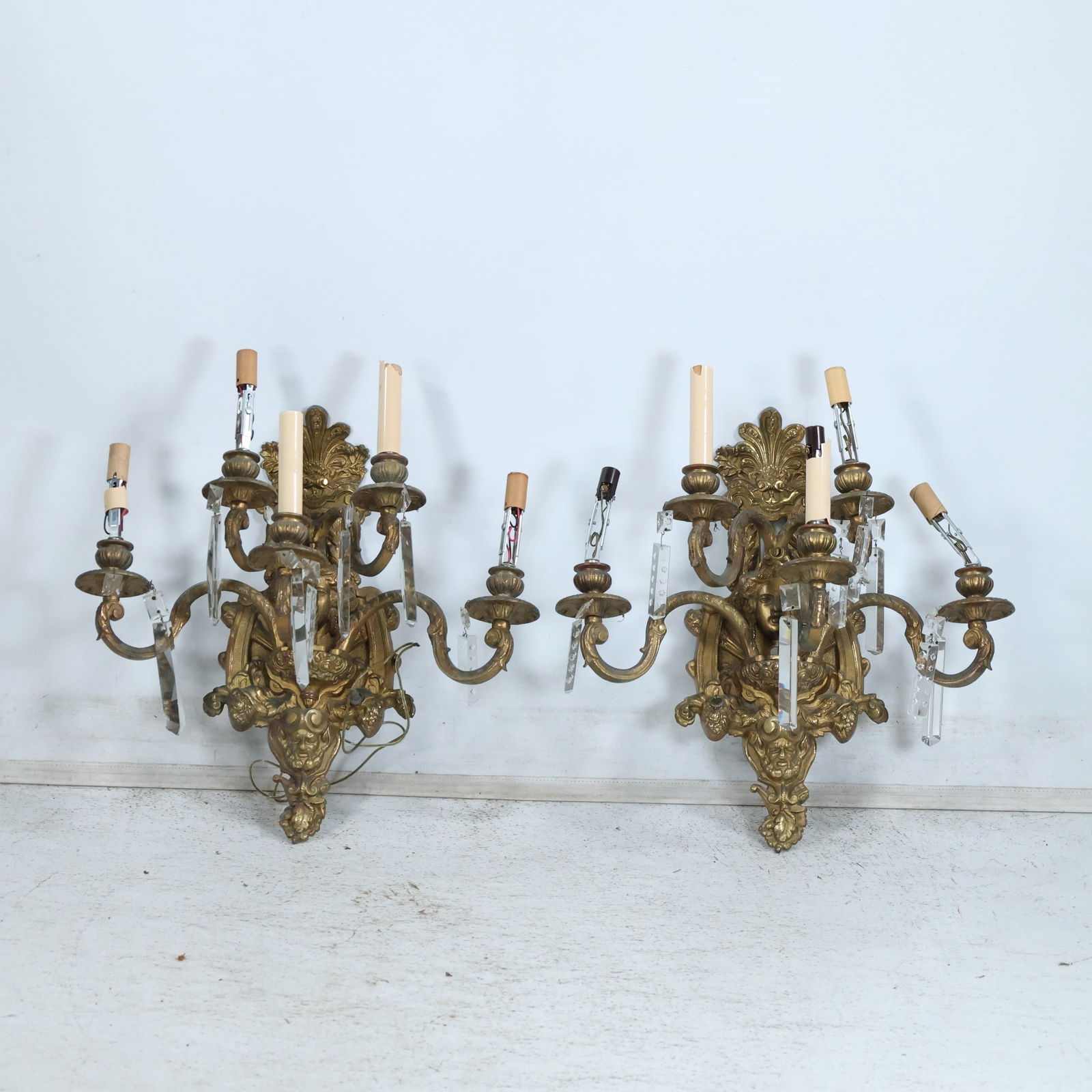 Matched Pair 19th C. French Victorian Bronze 4-Arm Electric Wall Sconces with Face 18 inches (1 of 11)