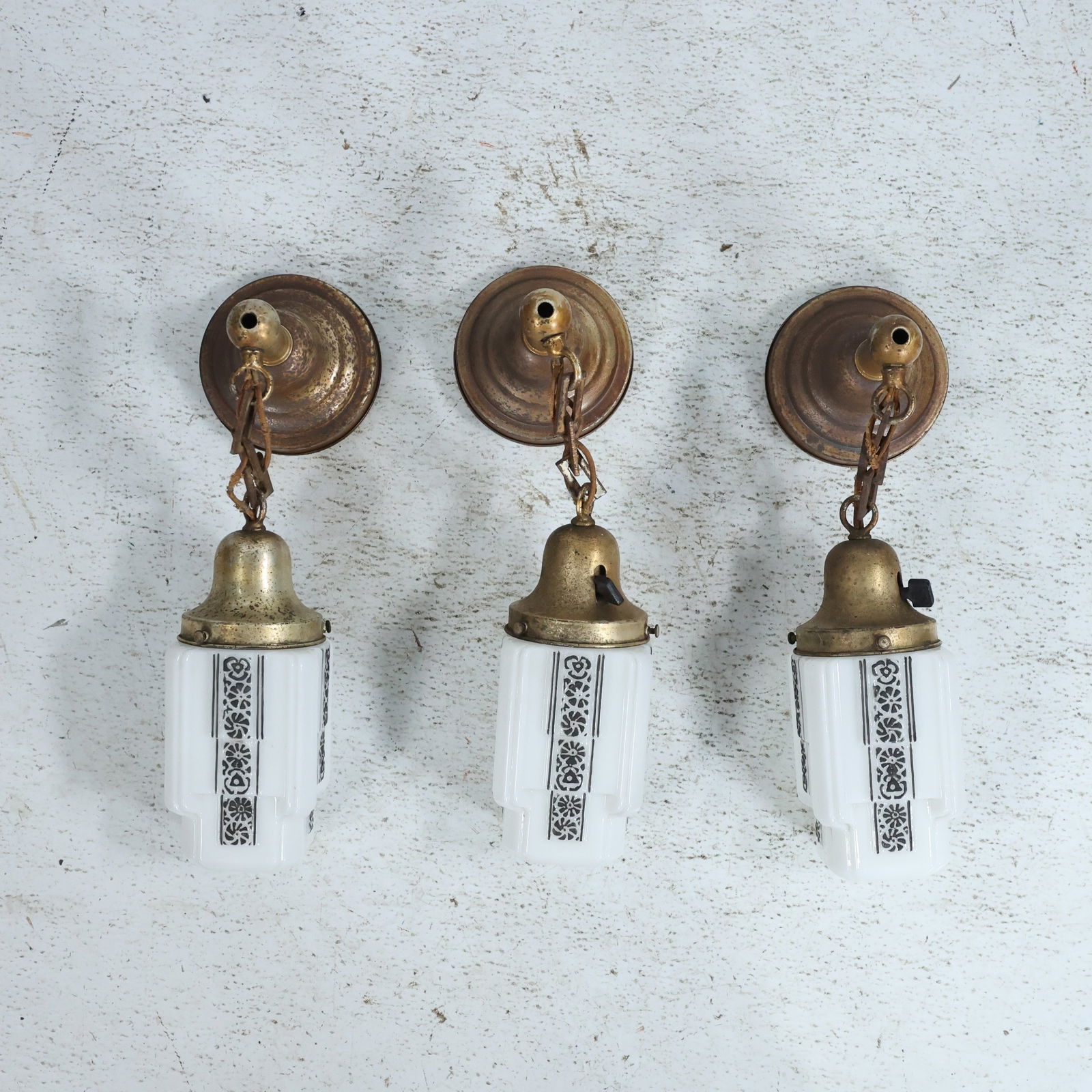 Set 3 Circa 1920s Art Deco Glass Hanging Sconces, White Glass with Black Designs, Original Hardware (1 of 6)
