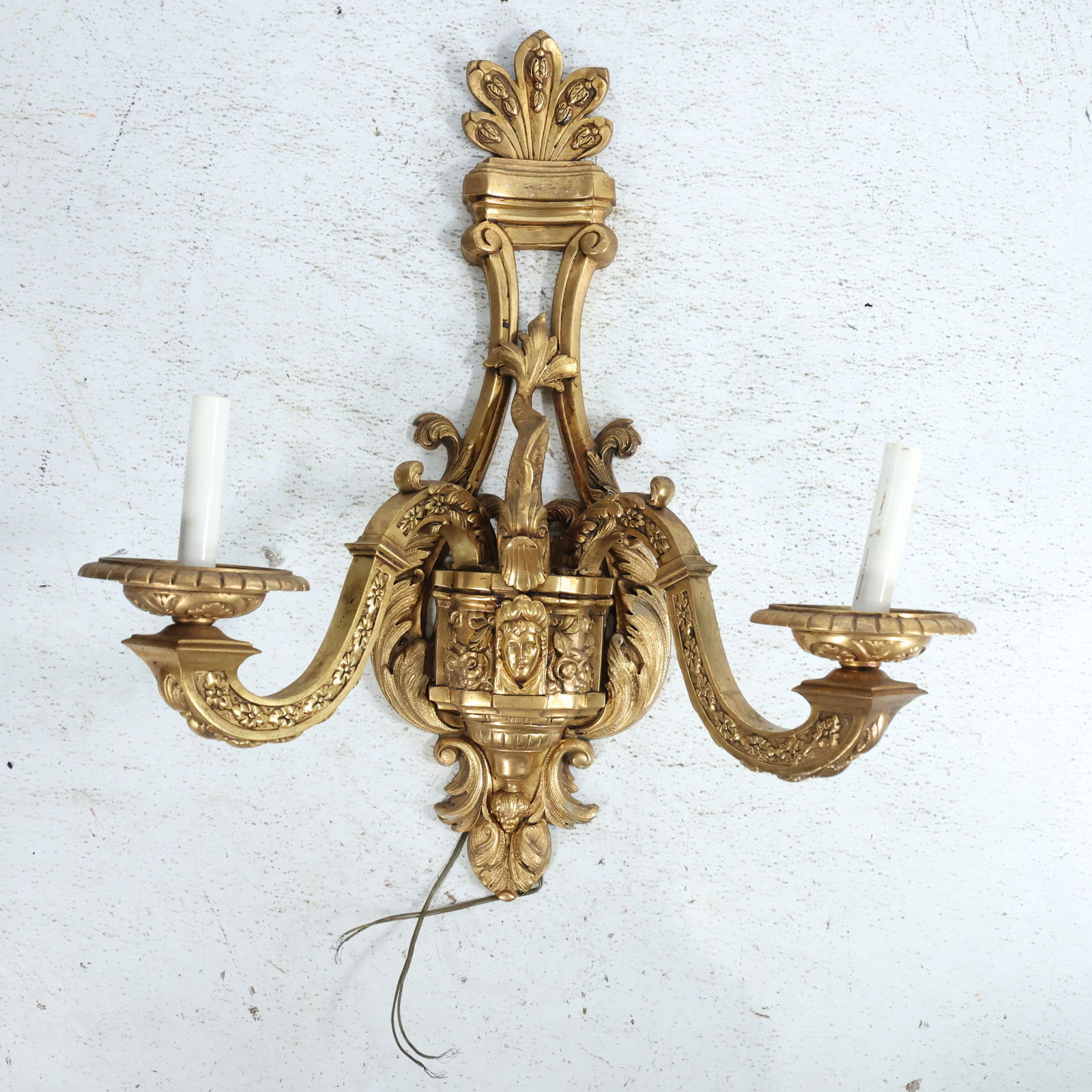Fabulous Large Bronze Antique French Empire Double Light Electric Wall Sconce with Faces (1 of 11)