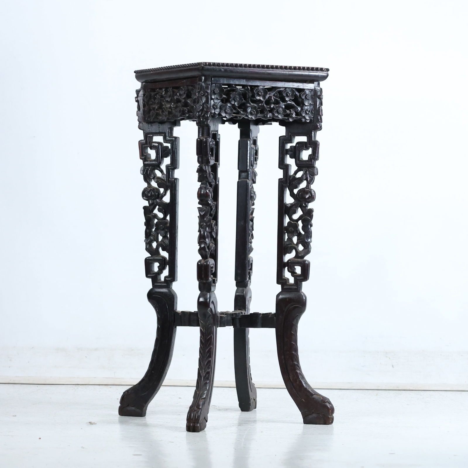 19th Century Tall Chinese Caved Hardwood Flower Stand Taboret Marble Top Insert 25 in. height (1 of 12)