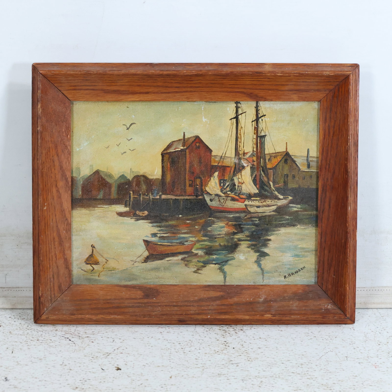 Vintage Oil Painting on Board signed R Hansen Fishing Harbor Landscape, Framed: Vintage Oil Painting on Board signed R Hansen Fishing Harbor Landscape, Framed. size: 9 x 12, 12 x 15 outside frame