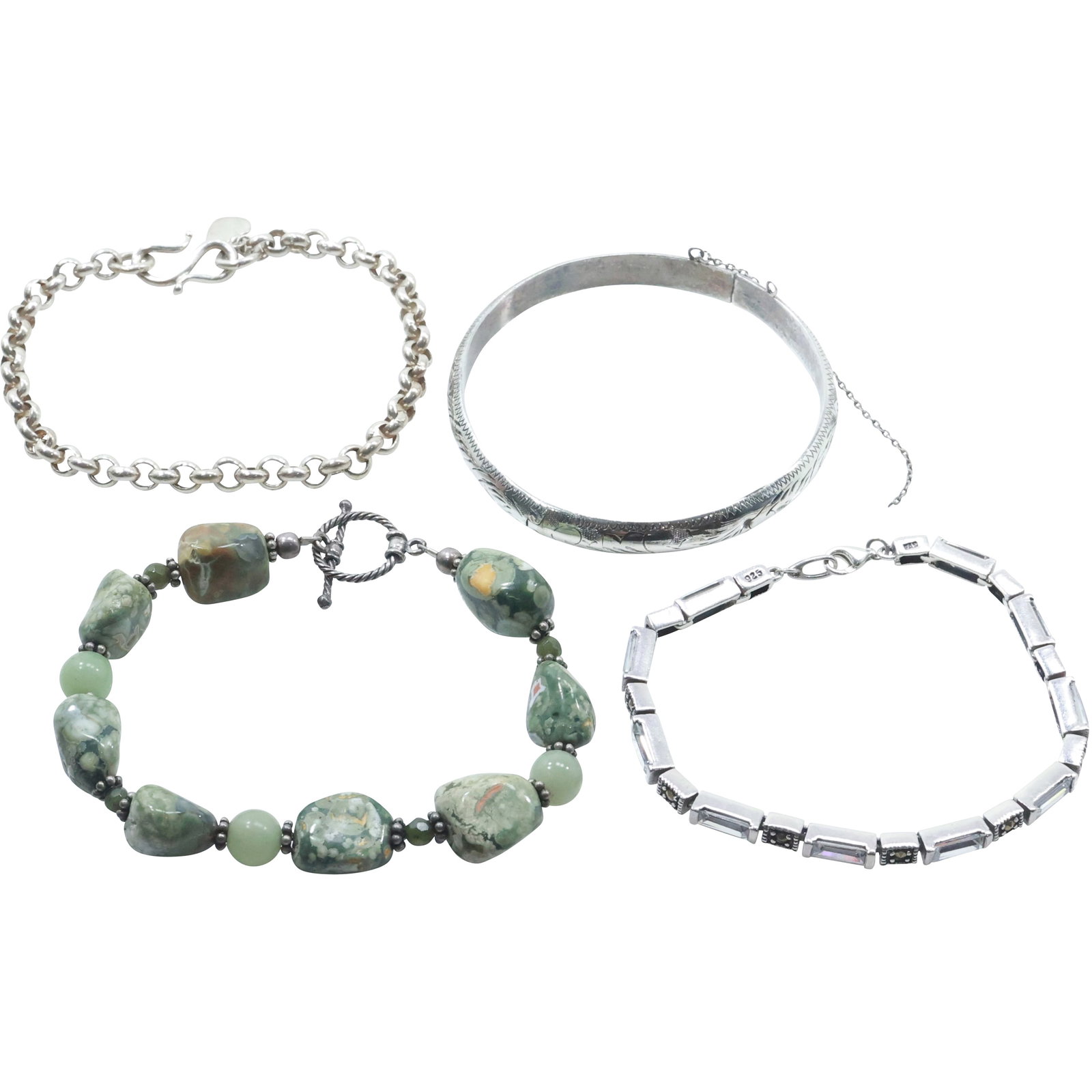 4 Assorted Bracelets: Marcasite and Rhinestone; Sterling Rolo Link; Green Agate Stones; Bangle (1 of 19)