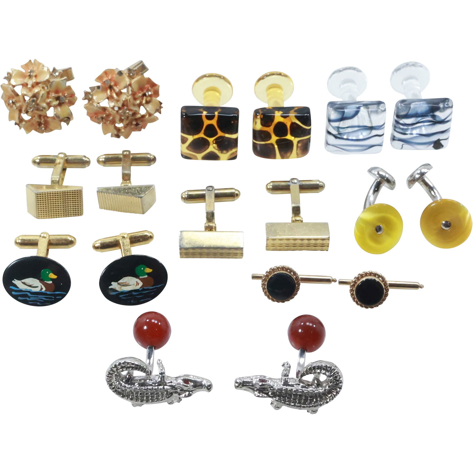 9 Assorted Pairs Cuff Links: My Fair Lady Enameled Flowers; Christian Dior Black Onyx Ducks; (1 of 20)