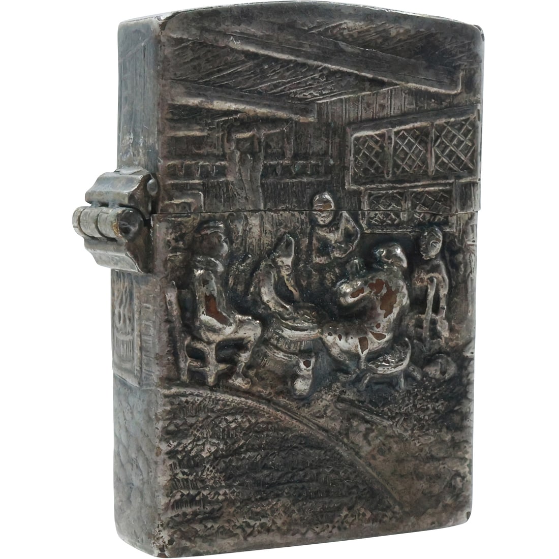 Sterling Silver "Spritzer & Fuhrmann" Relief Pub Scene Cigarette Lighter 1 1/4 in. x 1 5/8 in. (1 of 17)