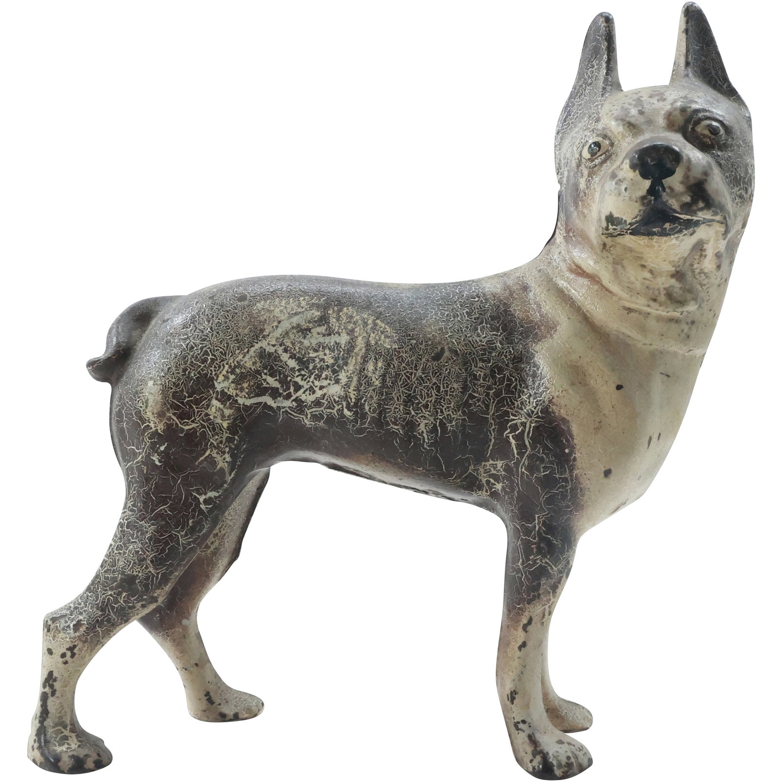 Hubley Cast Iron Boston Terrier Door Stop in Original Paint Finish: Hubley cast iron Boston Terrier door stop features the original paint finish, showing some wear consistent with age. The piece captures the sturdy and alert stance of the Boston Terrier, a popular sub