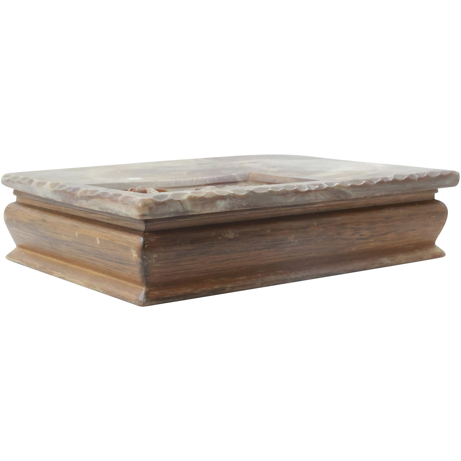 Wooden Dresser Box with Molded Marbleized Cover Embossed Figure on Chariot: wooden dresser box features a molded, marbleized cover with an embossed figure on a chariot. The swirling colors of the cover give it a stone-like appearance, while the chariot scene adds a classical 