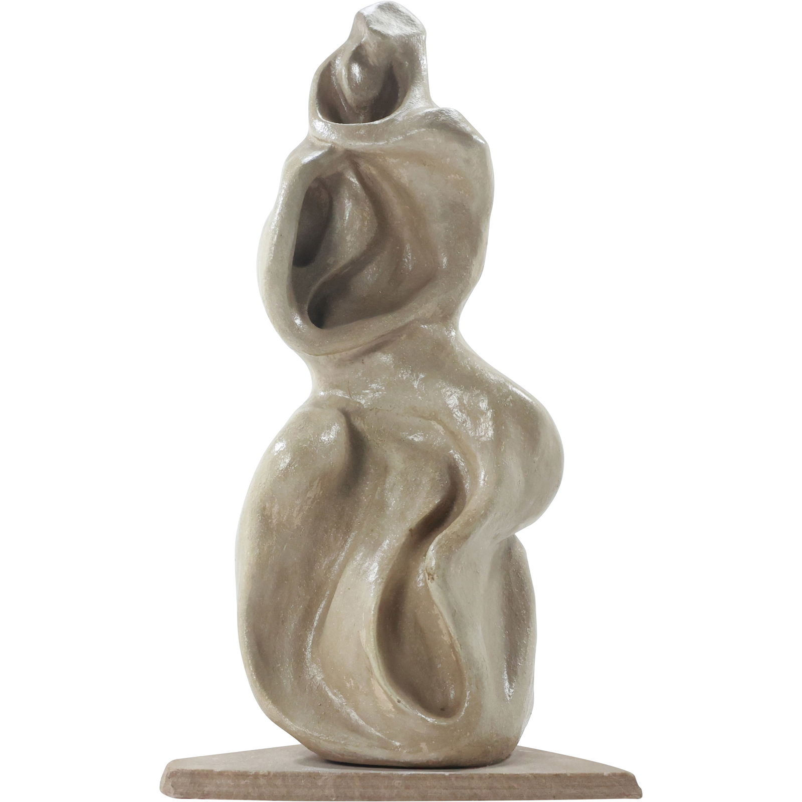 Signed Hoeing, Mid-Century Modern Sculpture Embracing Couple in Clay Composition 17.75 in. height: mid-century modern sculpture, signed by Hoeing, depicts an abstract embracing couple crafted in a clay composition. The figures are intertwined in a fluid, organic form, capturing a sense of unity and