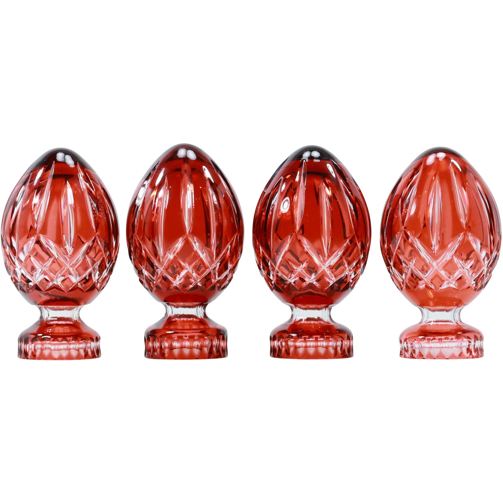 Signed Waterford Irish Crystal Glass Set of 4 Paperweights Red Cut to Clear Eggs on Pedestal (1 of 16)