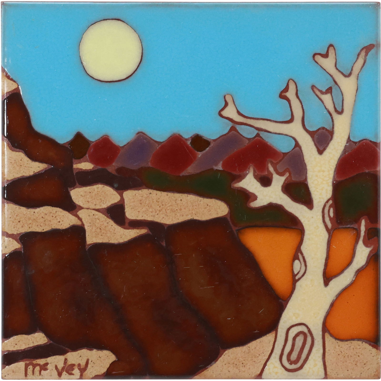 Clay Tile Signed Steve McVey Vintage Outdoor Scenic Mountain Tree Sun Moon (1 of 17)
