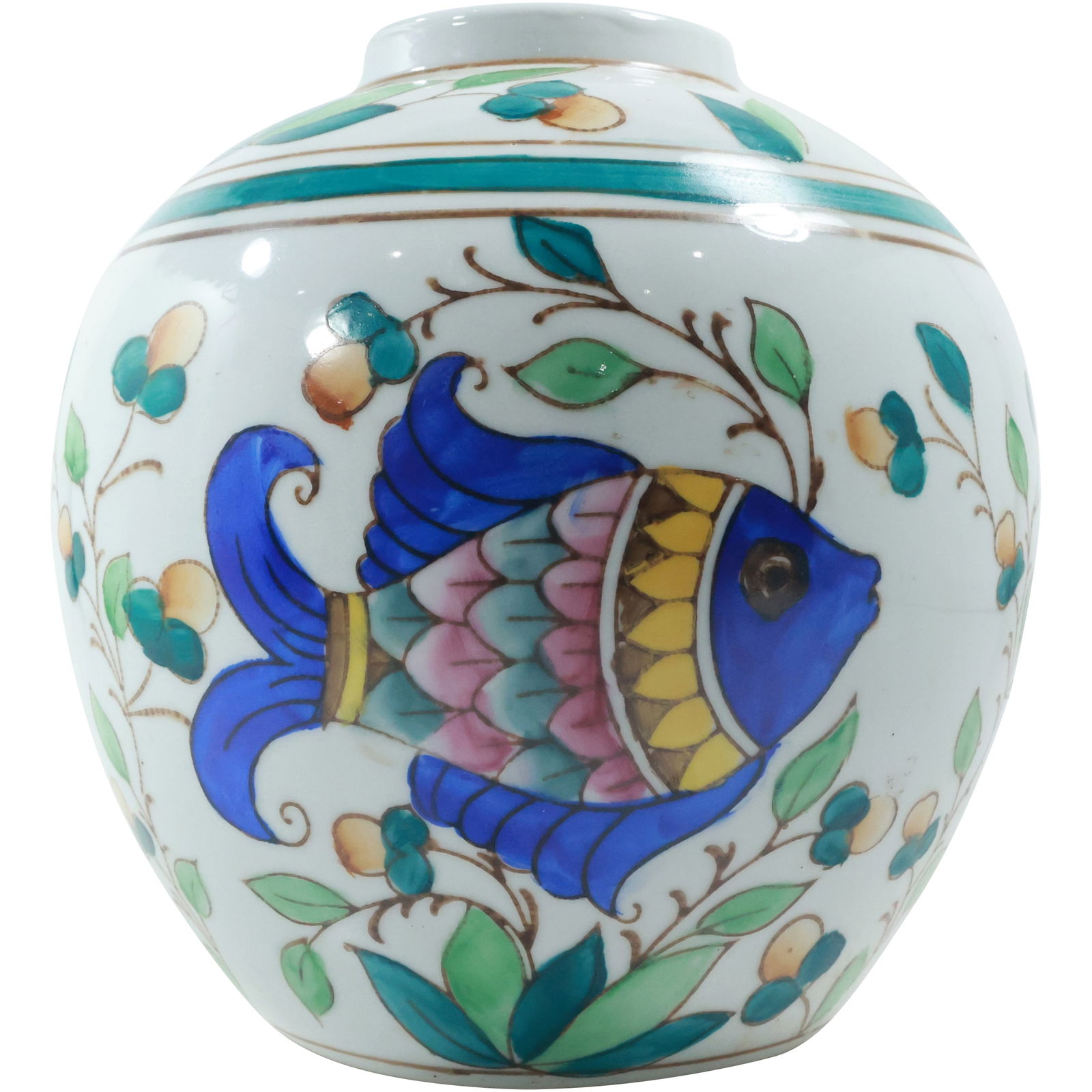 French Faience Decorated Porcelain Vase with Fish, 8.5 in. height x 7.5 in. wide (1 of 16)