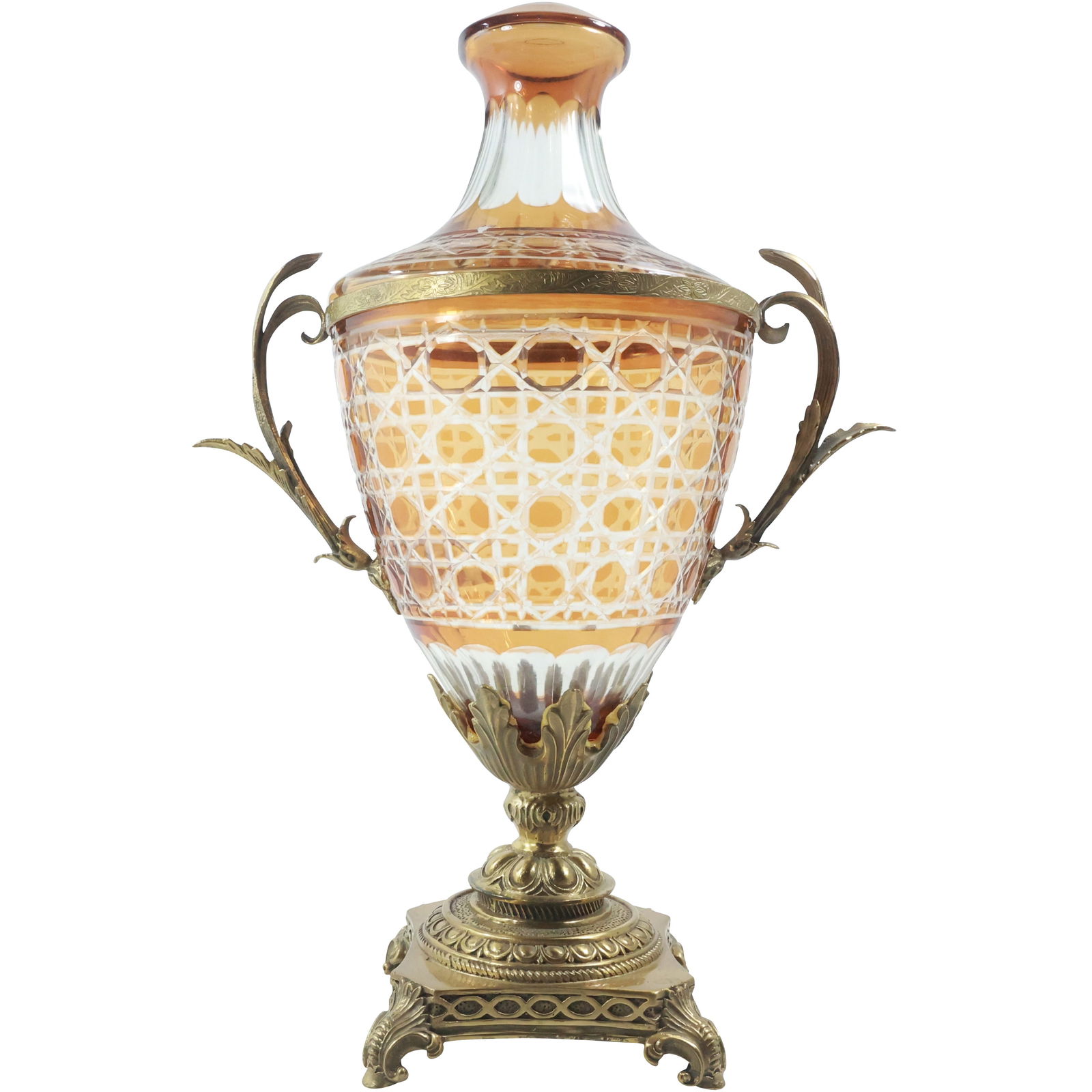 Bohemian Amber Glass Cut to Clear Covered Urn with Bronze Base and Mounts 15.5 in. height (1 of 18)