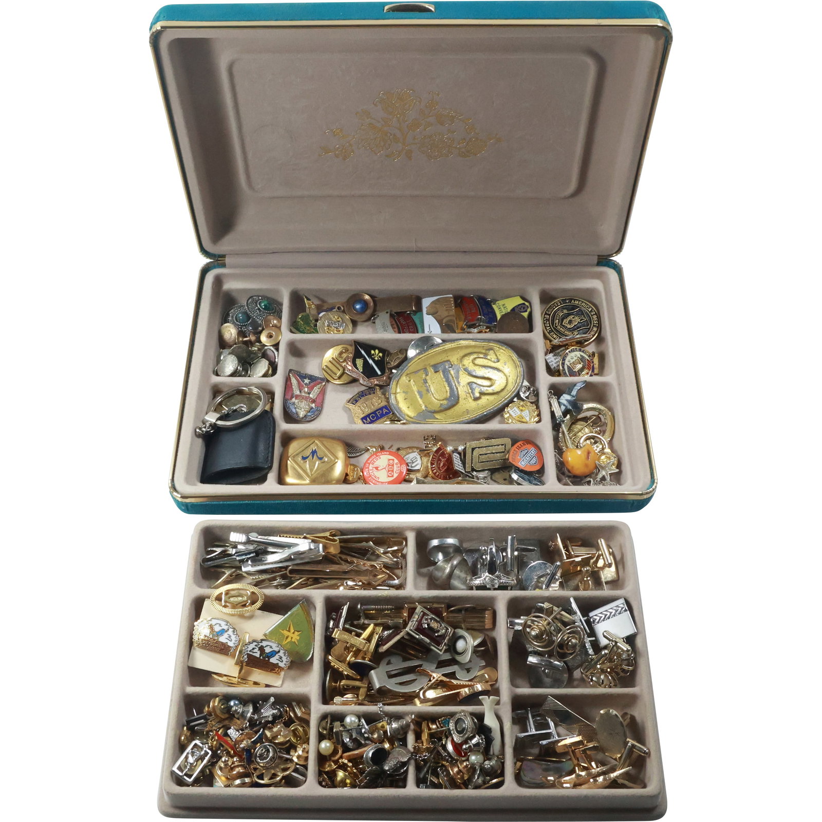 MAN LOT Jewelry Box LOADED with Badges, Insignias, Tie Claps, Cuff Links (1 of 20)