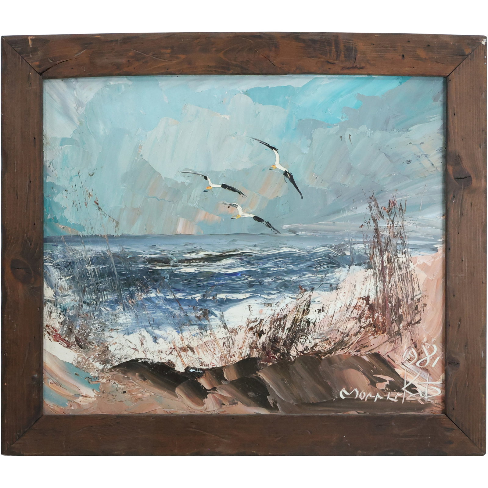 Morris Katz 1981, Jewish American, Acrylic Painting Seacoast with Seagulls: Morris Katz 1981, Jewish American, Acrylic Painting Seacoast with Seagulls. Well Listed Artis. size: 20 x 24, 24.5 x 28.5 outside frame - frame cracked. ASKart: Morris Katz (born Moshe Katz on March 5