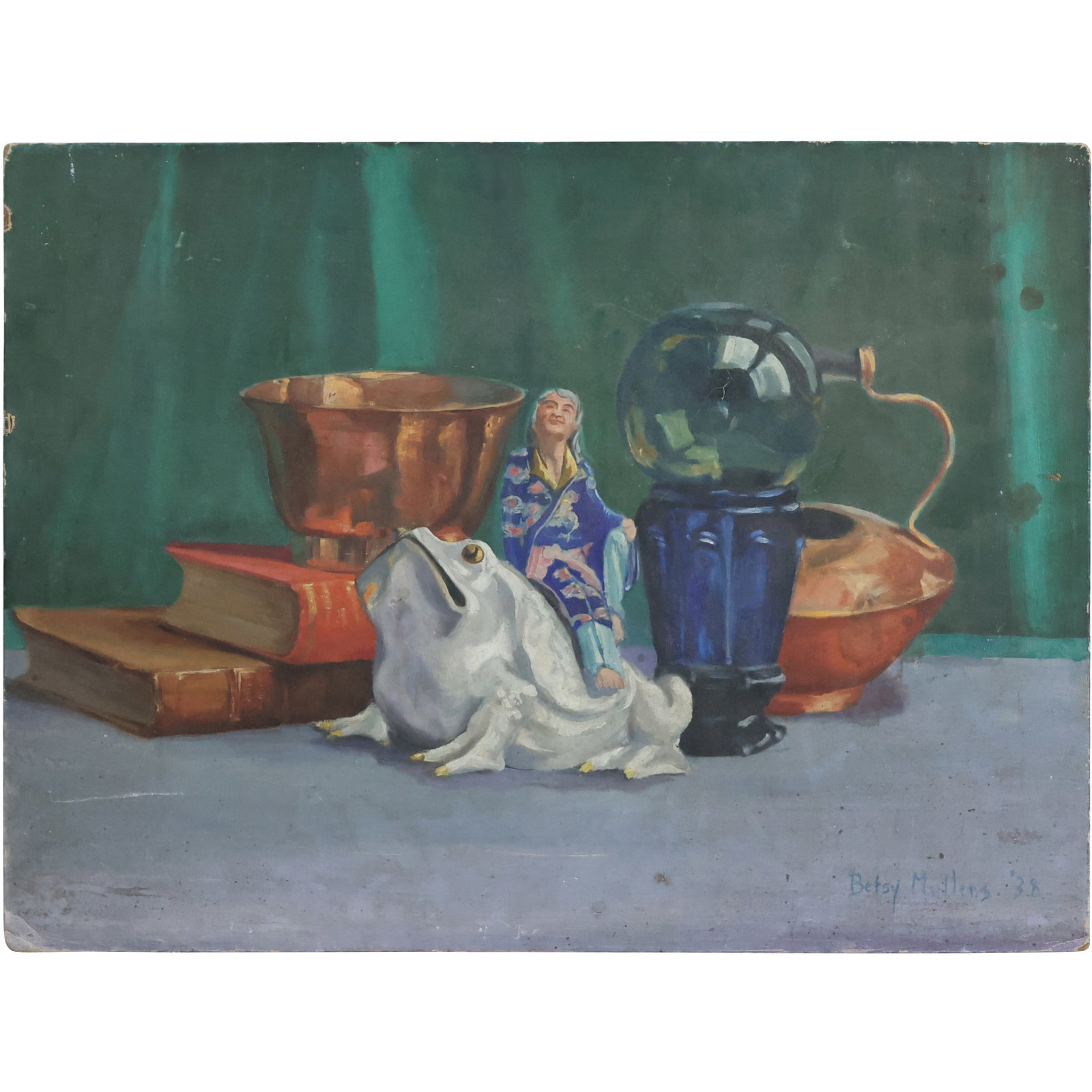 Signed Betsy Mullens '38 Still Life Painting on Board Teapot Books Frog (1 of 18)
