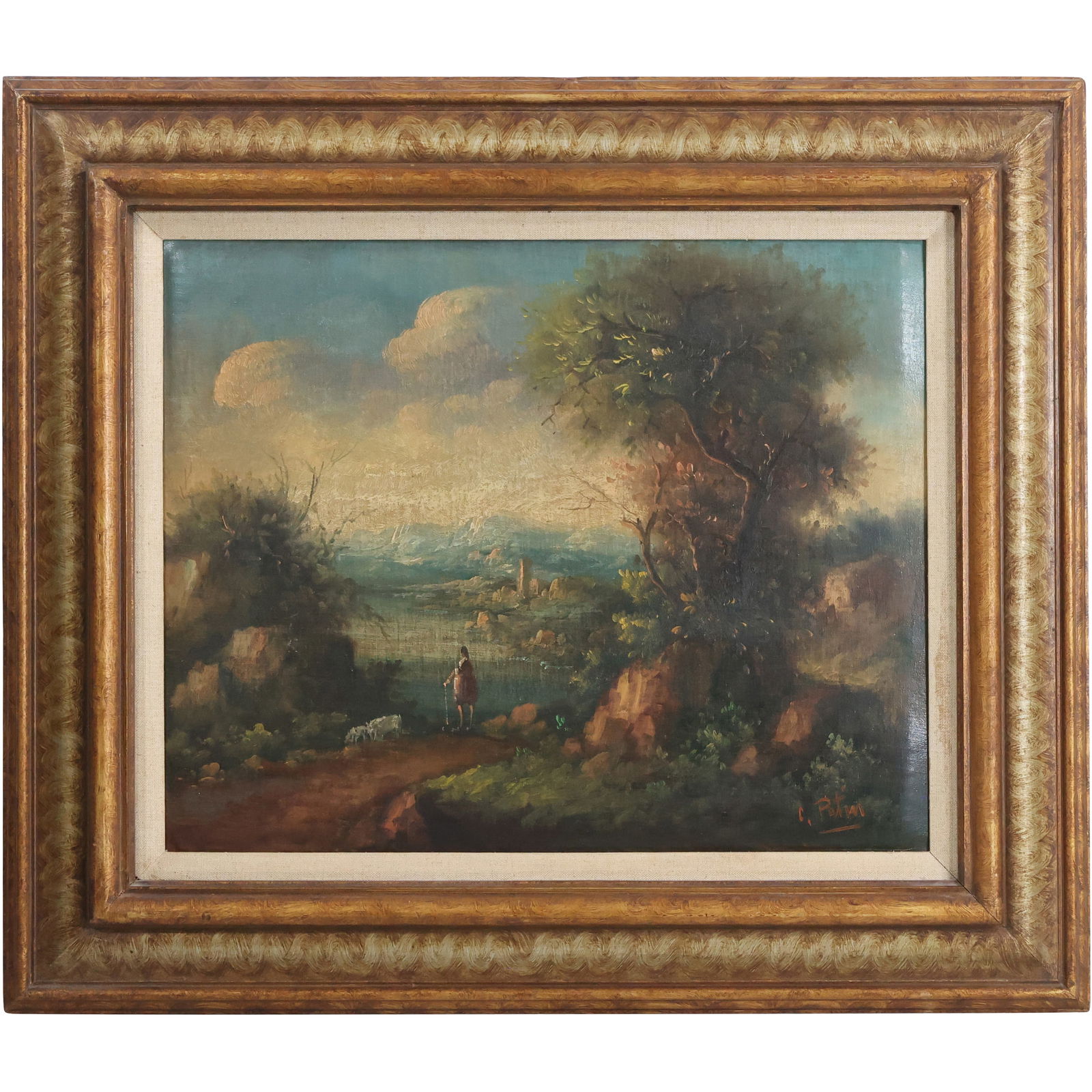 Signed C Patin, Vintage Oil Painting of Figure Looking into Valley Landscape, Framed (1 of 14)
