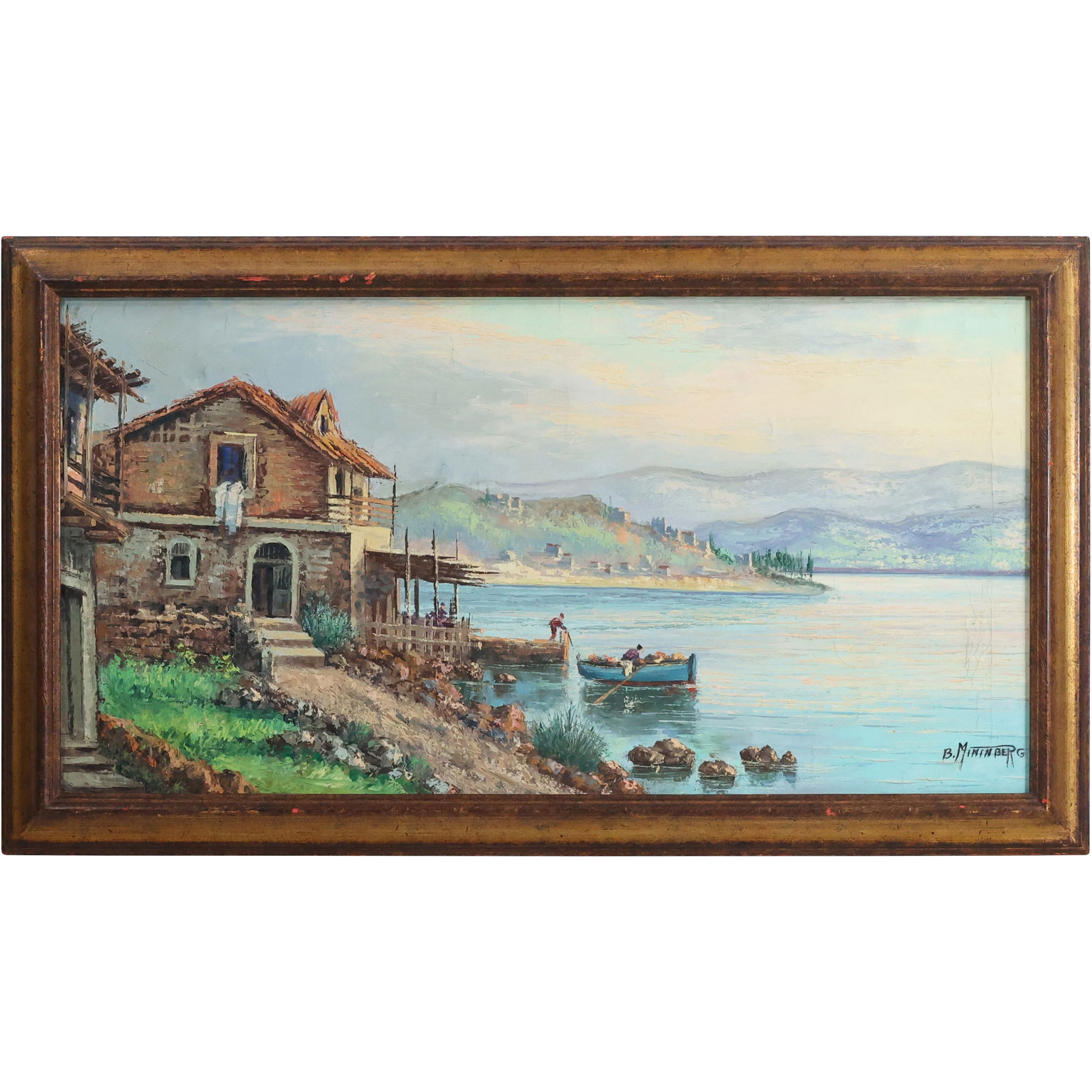 Benish Mininberg (1902 - 1996) Israel; Oil on Canvas Painting European Coastal with Shore House (1 of 14)