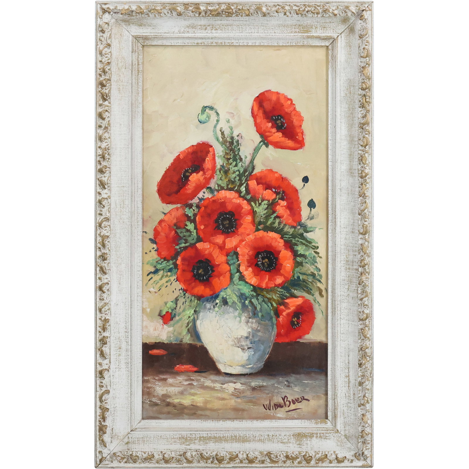 W Boer, Vintage Oil on Canvas Painting Red Flowers in Vase Still Life, Framed: W Boer, Vintage Oil on Canvas Painting Red Flowers in Vase Still Life, Framed. size: 24 x 12, 29.25 x 17.25 outside frame