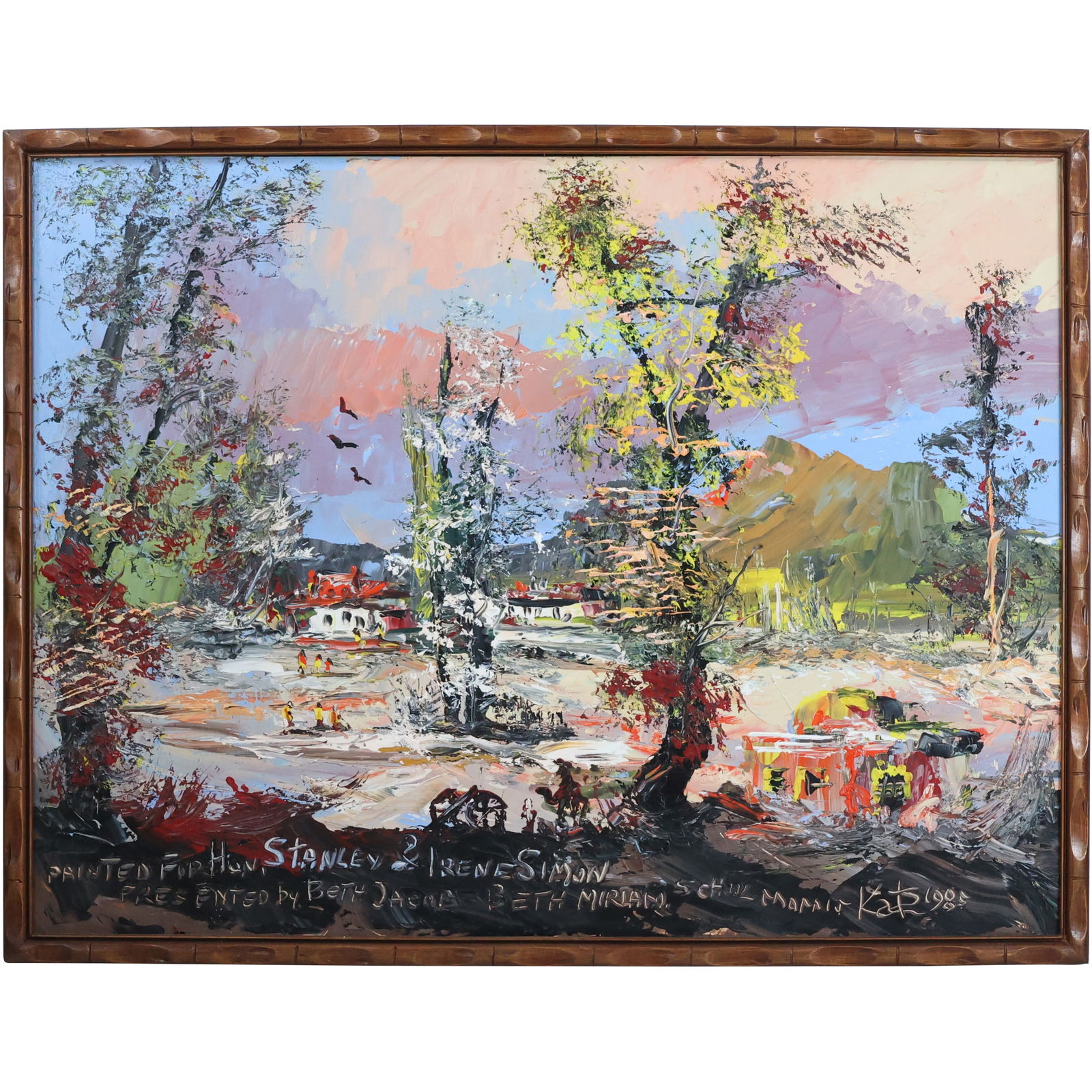 Morris Katz 1985, Jewish American, Acrylic Painting, Colorful Landscape with Buildings, Personalized: Morris Katz 1985, Jewish American, Acrylic Painting, Colorful Landscape with Buildings, Personalized. size: 30 x 40, 32 x 42 outside frame