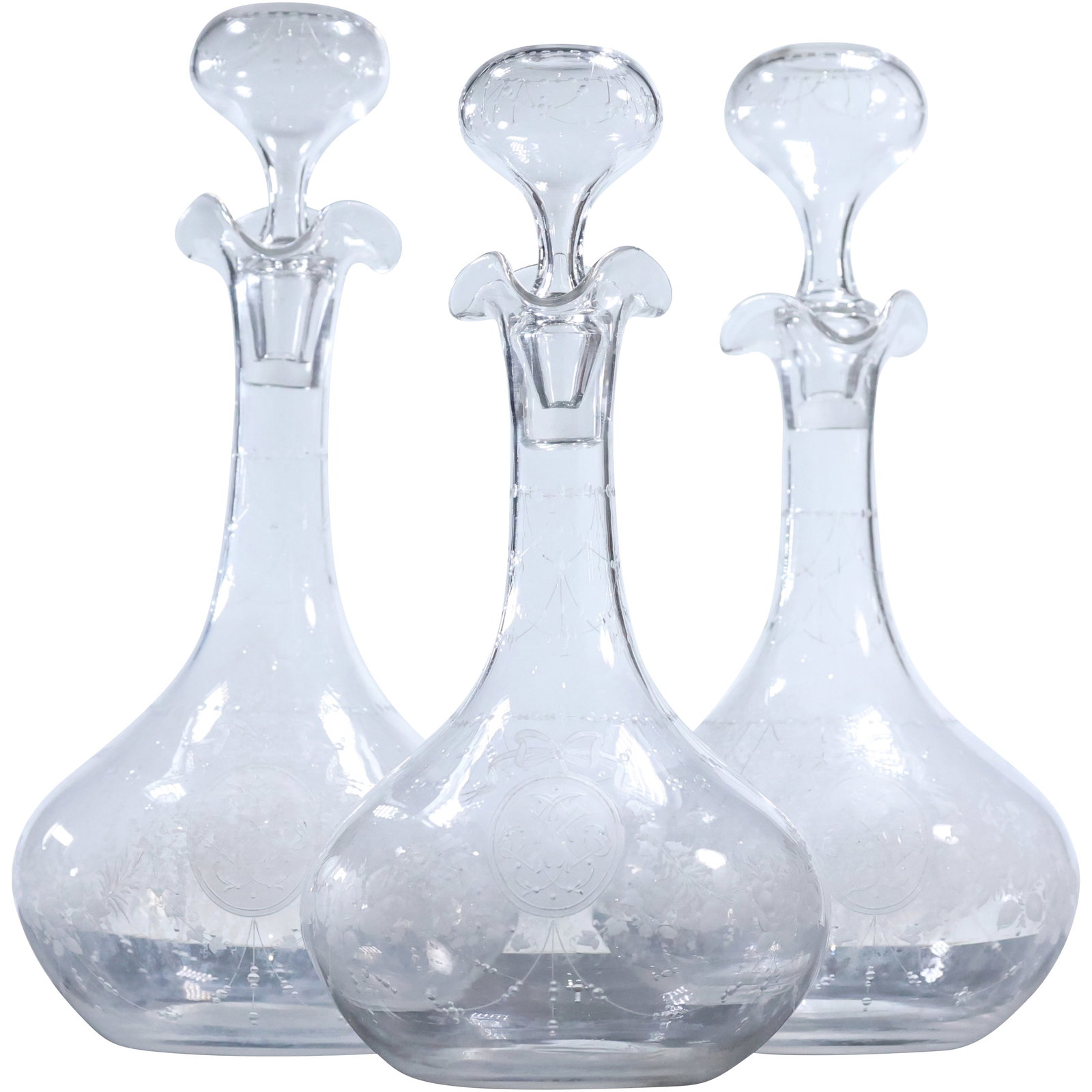 Set of 3 Decorated Etched Clear Glass Liquor Decanters (1 of 11)
