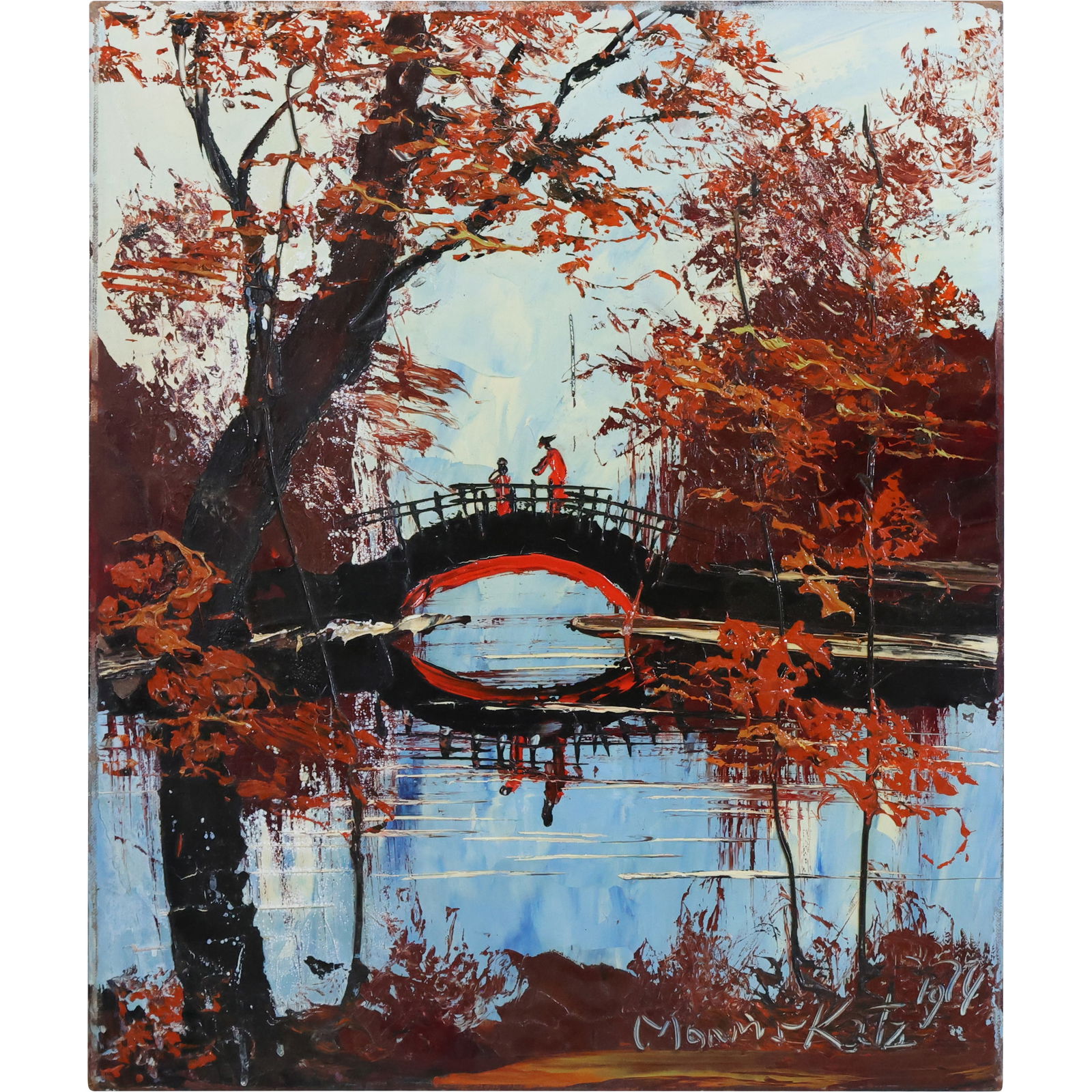 Morris Katz 1974, Jewish American, Acrylic Painting Bridge Over River Landscape: Morris Katz 1974, Jewish American, Acrylic Painting Bridge Over River Landscape Oil on board painting, signed, dated. ASKart: Morris Katz (born Moshe Katz on March 5, 1932 in Galicia, Poland, died Nov