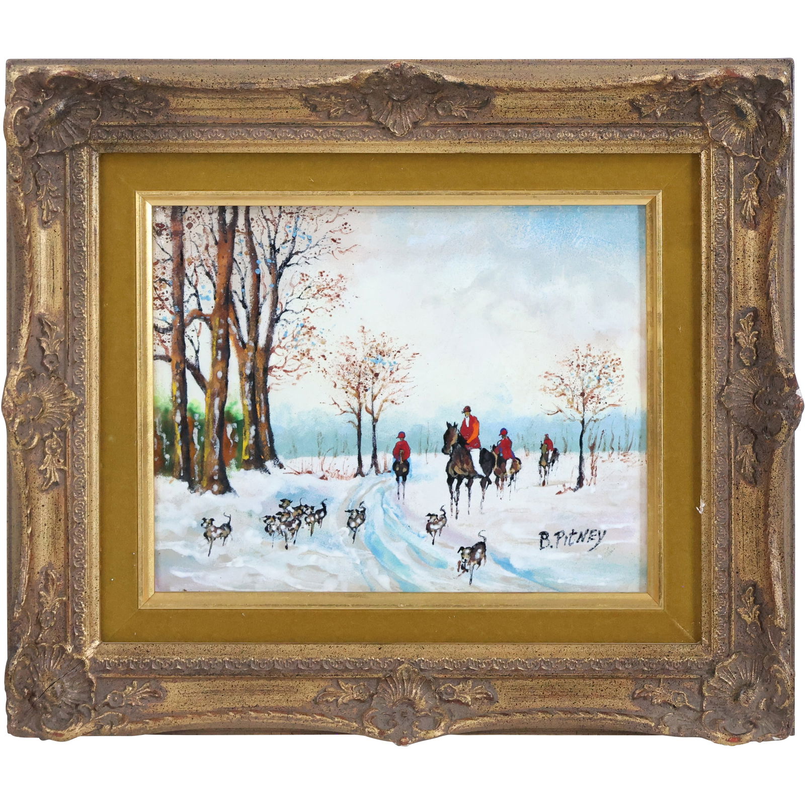 Signed B Pitney, Enamel Art on Copper English Hunt Scene in Winter Landscape, Framed (1 of 11)