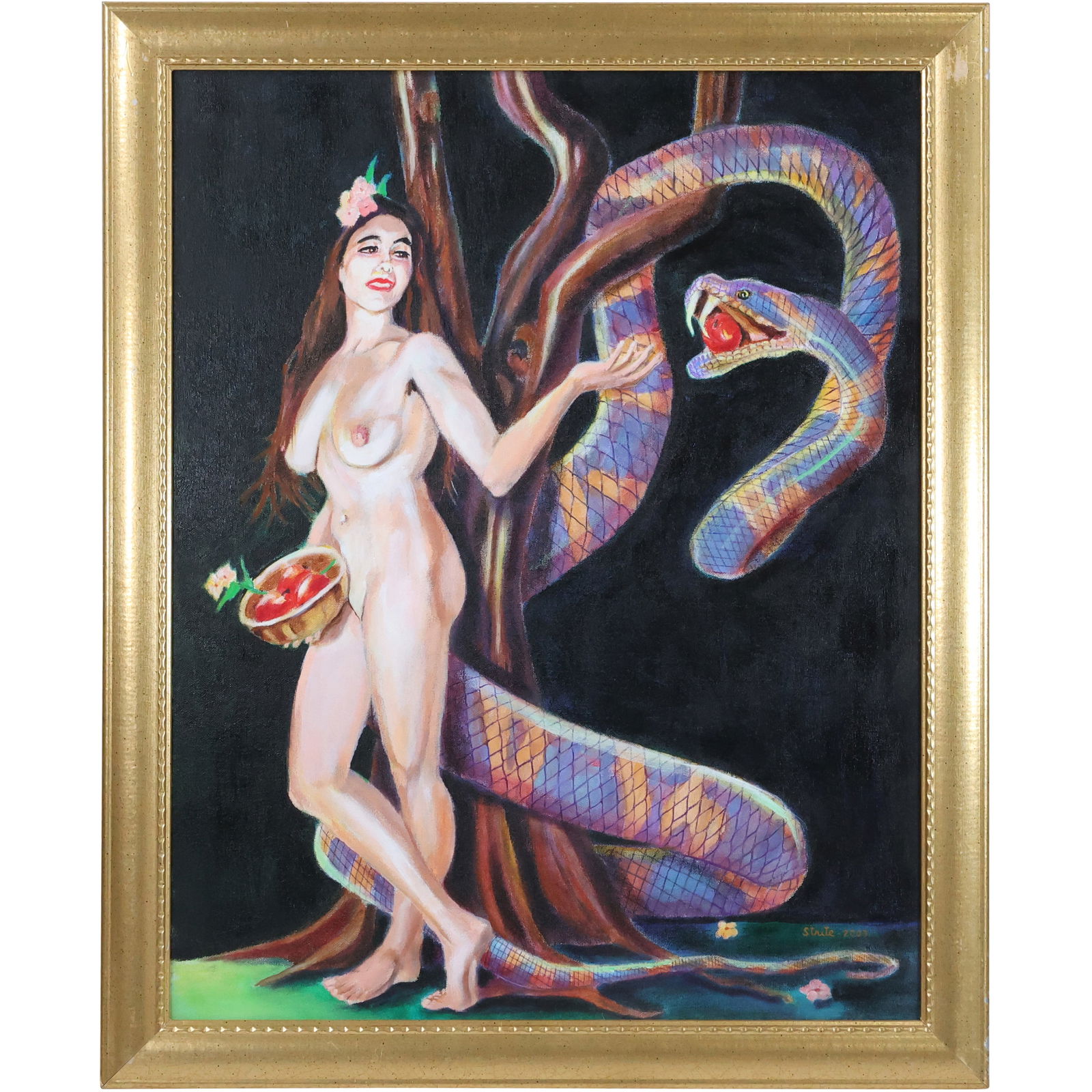 Norman Strite, American Artist, Oil on Board Painting Nude Pin-up Girl "Forbidden Fruit": Norman Strite, American Artist, Oil on Canvas Painting Nude Pin-up Girl "Forbidden Fruit" size: 28 x 22, 31.5 x 25.5 outside frame. Author of Book: Norman Strite in the Temple of Beauty. Figure Painti