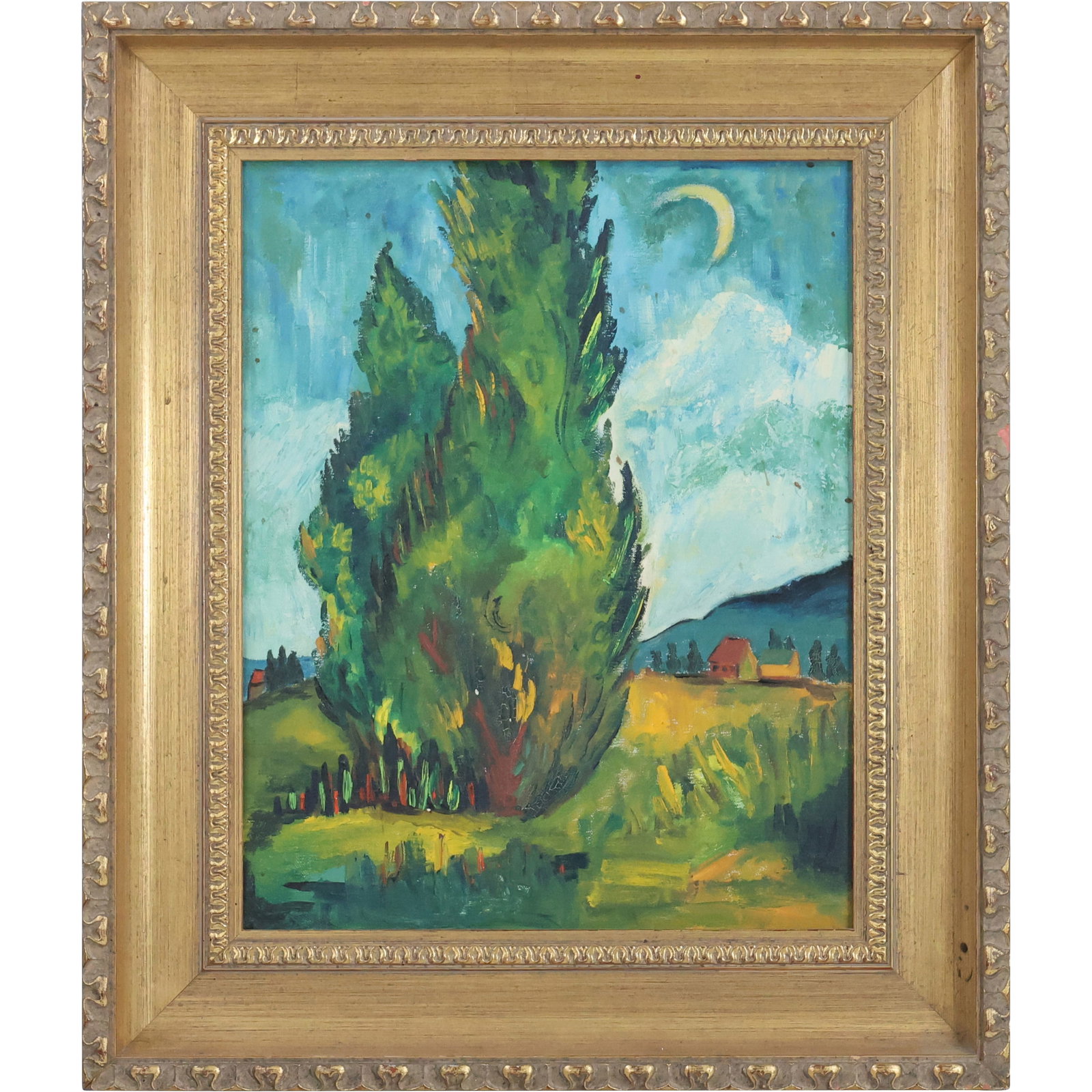20th C. Impressionist Oil on Canvas Painting Tree in Landscape, Gold Frame: size: 20 x 16, 27.5 x 23.5 outside frame