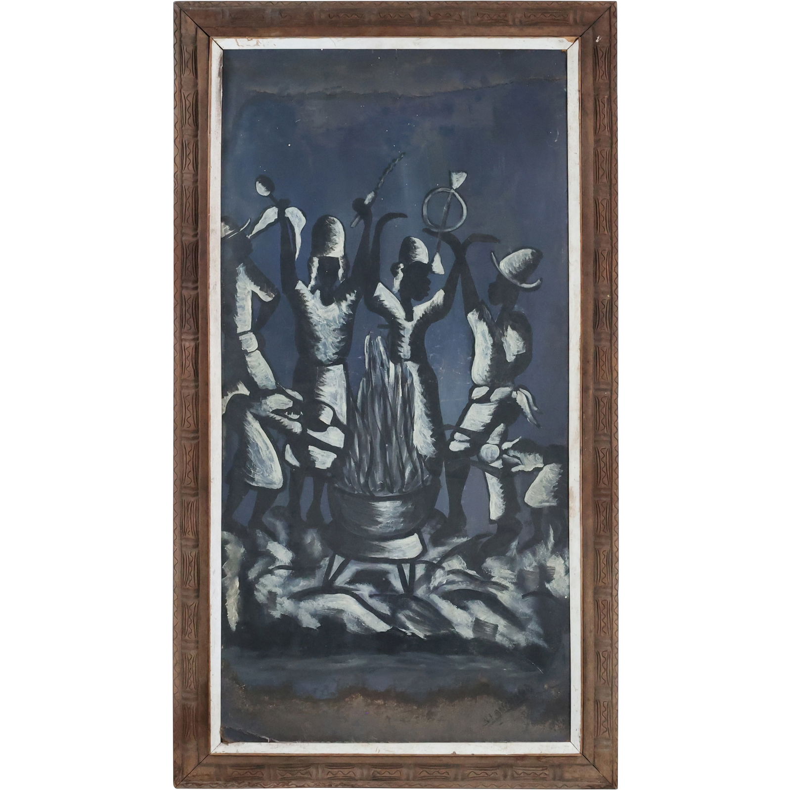 Signed Blanchard, Haitian Artist, Vintage Oil Painting Haitian Ritual Around Fire Pit, Framed (1 of 16)