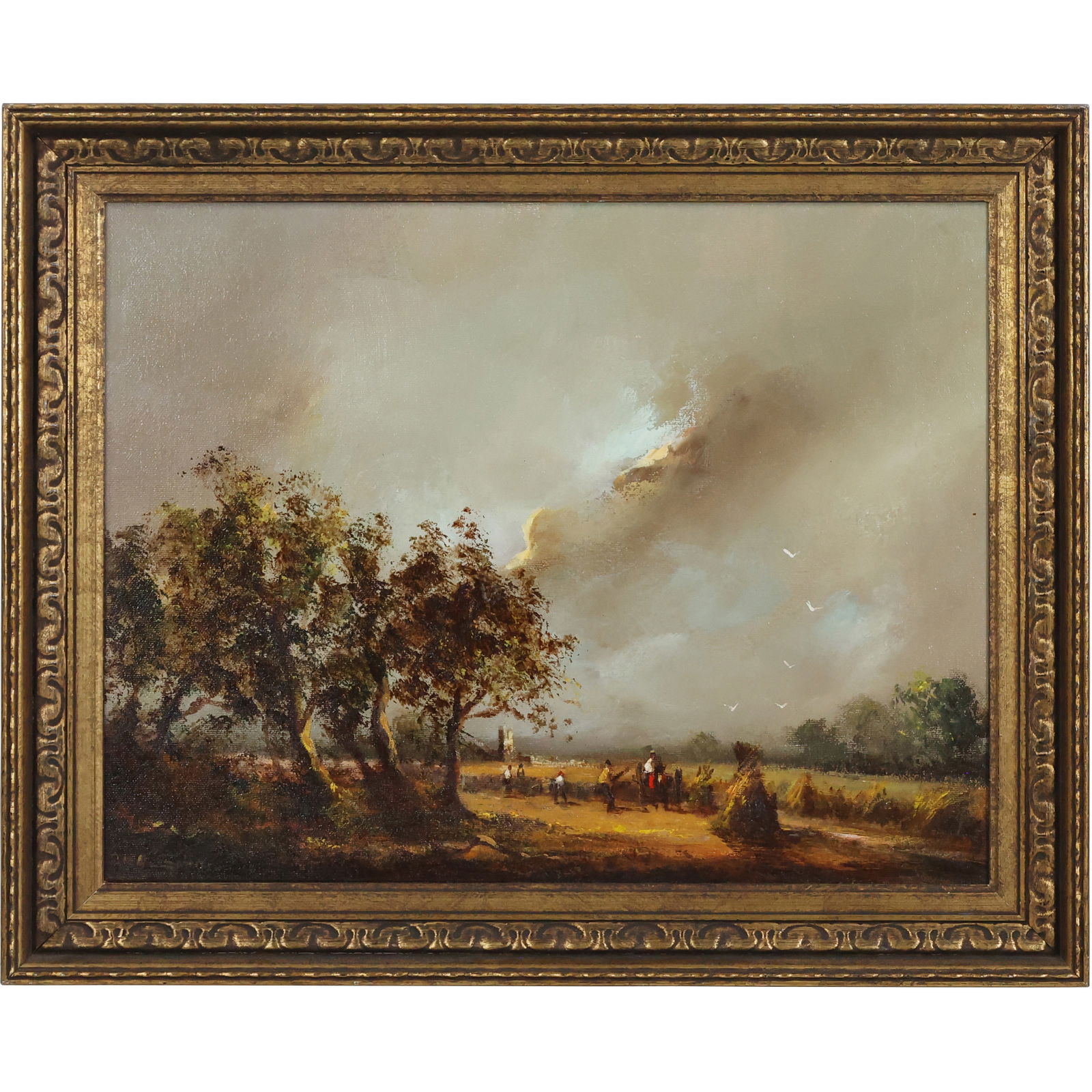 Artist Signed Oil Painting Storm over Field Landscape with Figures, Framed (1 of 13)