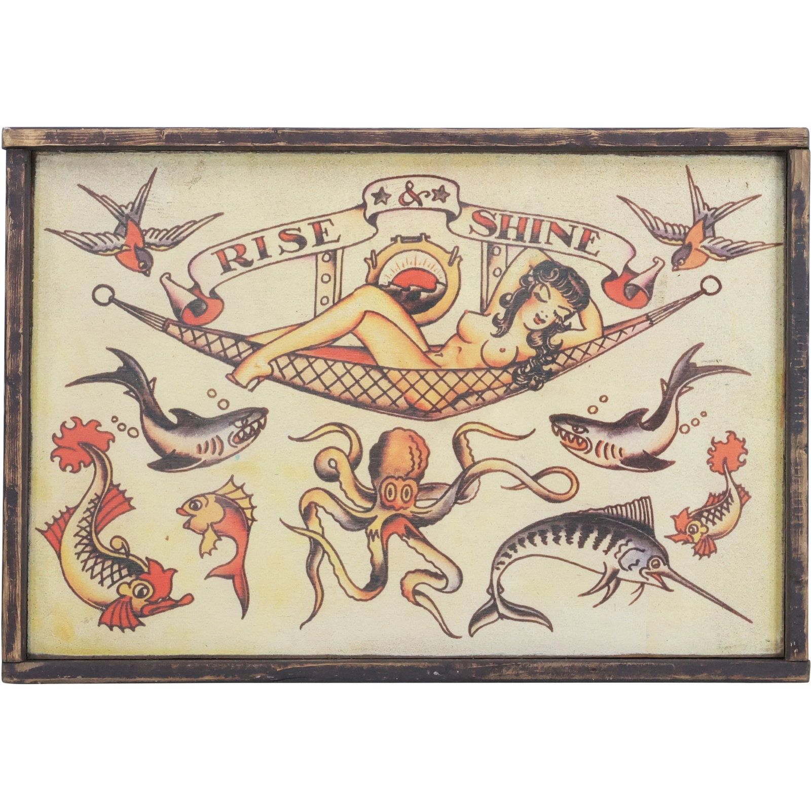 Novelty Printed Wooden Sign "RISE & SHINE" Tattoo Insignias 17.5 in. x 25.5 in: Novelty Printed Wooden Sign "RISE & SHINE" Tattoo Insignias 17.5 in. x 25.5 in. size: 17.5 x 25.5