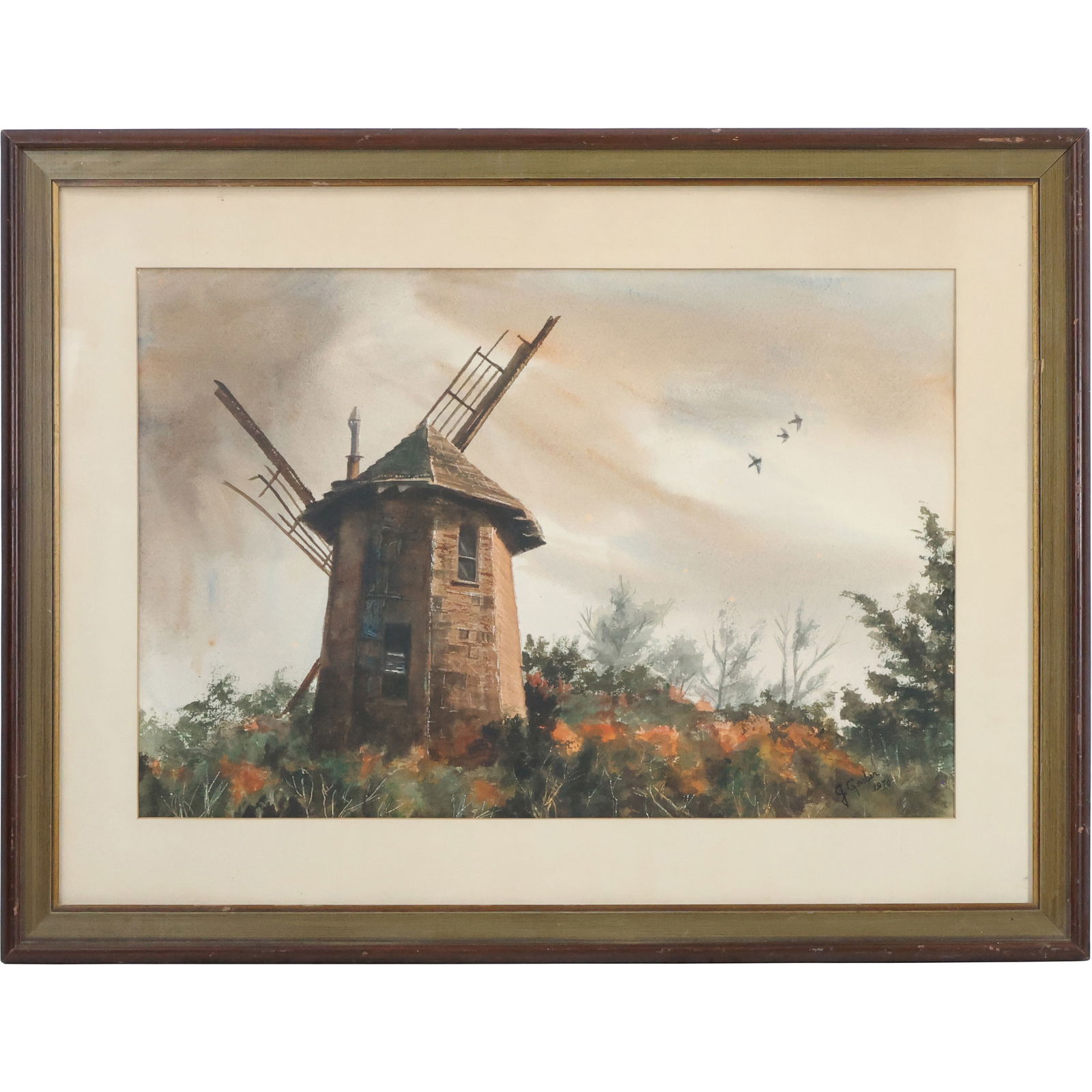 Signed J Grober, Vintage Watercolor Painting of a Windmill in Landscape (1 of 12)