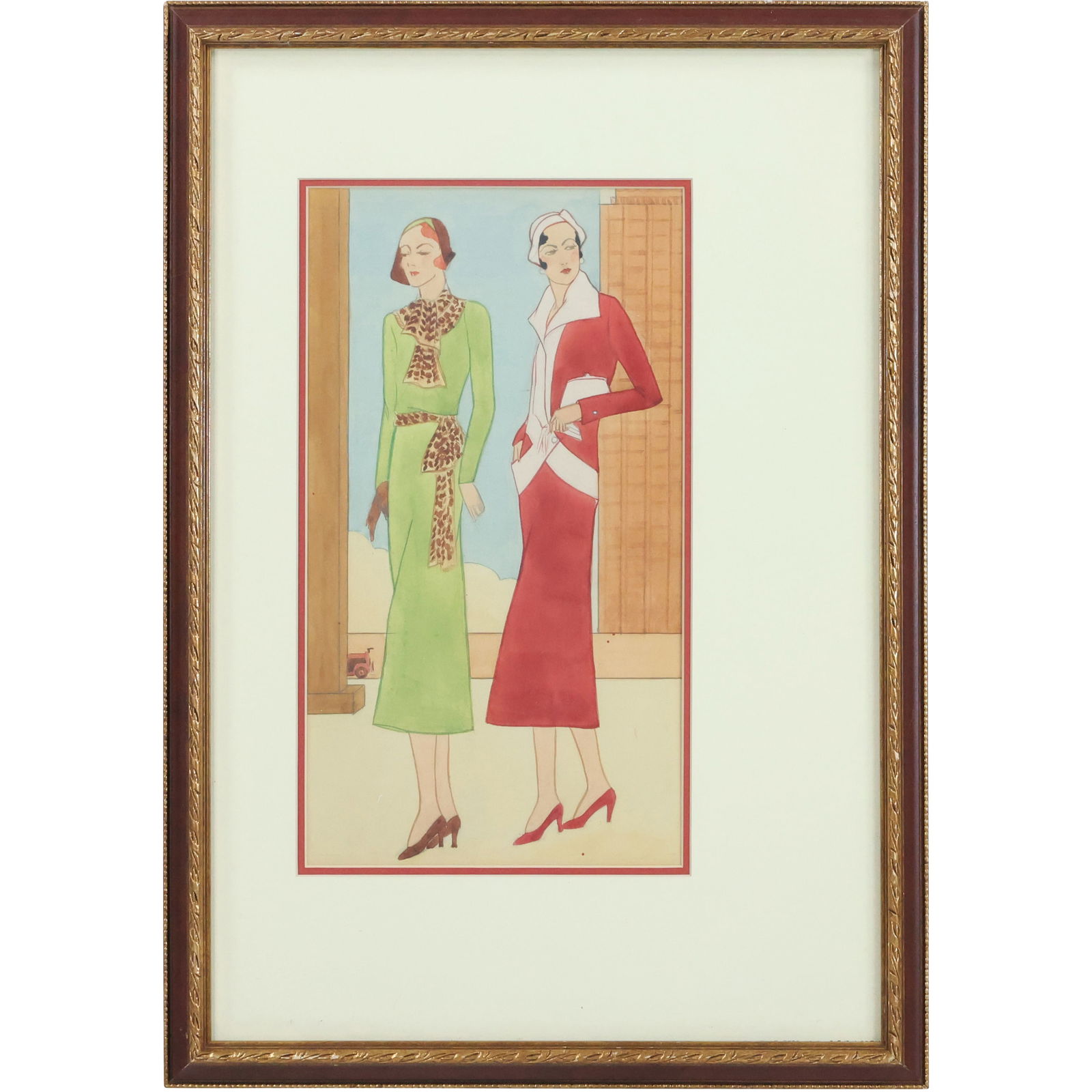 1940s Watercolor Painting Fashion Illustration Two Women, Framed (1 of 12)