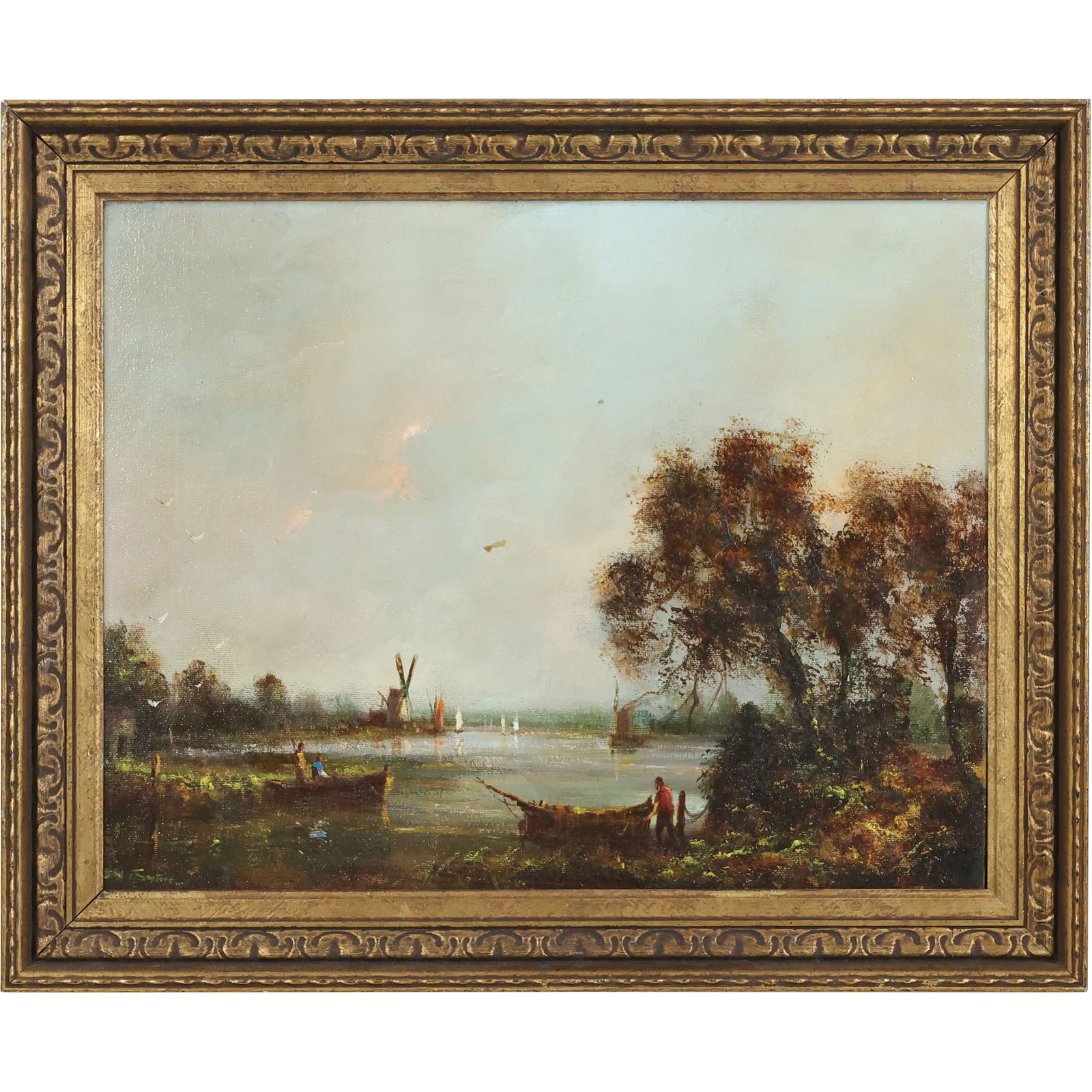Artist Signed Vintage Oil Painting Landscape Figures in Boat, Windmill (1 of 14)