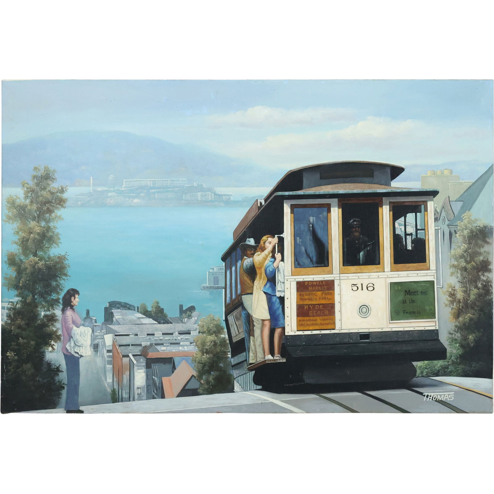 Original Signed Thomas Painting of a San Francisco Cable Car with Alcatraz View (1 of 16)