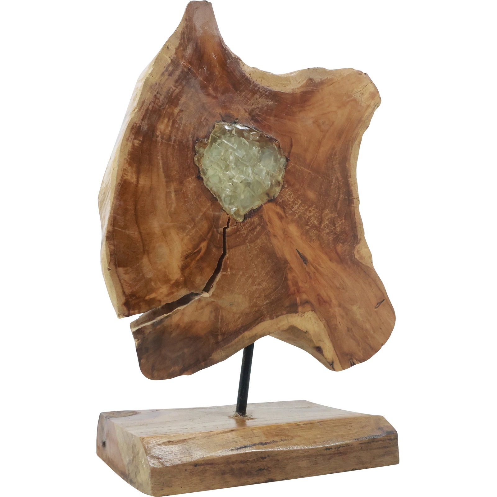 Modernist Wood Sculpture with Embedded Gemstone on Display Stand: modernist wood sculpture featuring a natural, irregularly shaped piece of wood with a gemstone embedded in its center. The wood has a raw, organic appearance, with visible cracks and variations in tex